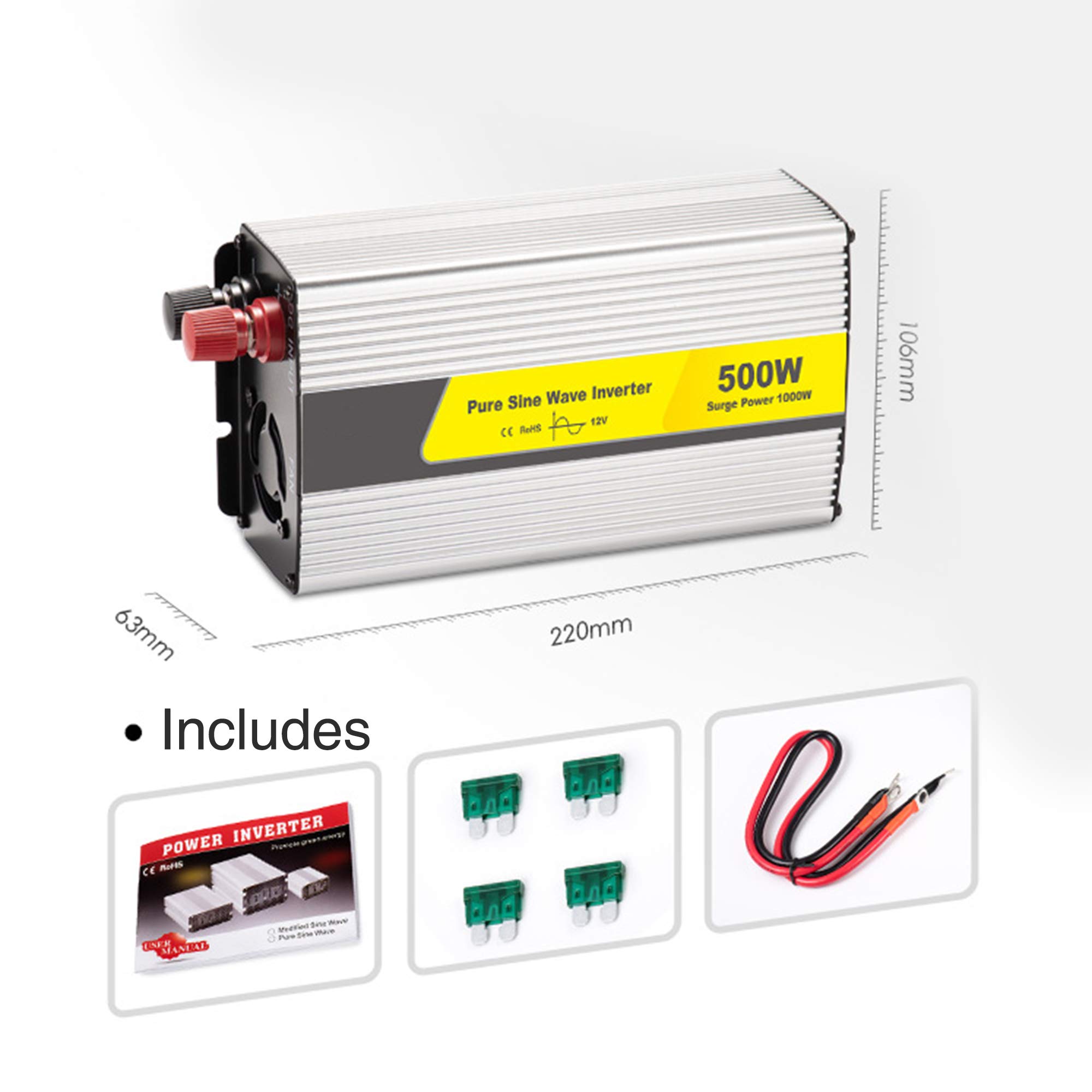 Inversor para Automóvil De 600 W, Inversor De Onda Sinusoidal Pura De CC 12V / 24V A CA 220V, con Puerto De Carga USB Y Toma De CA, Adaptador De Convertidor De Batería