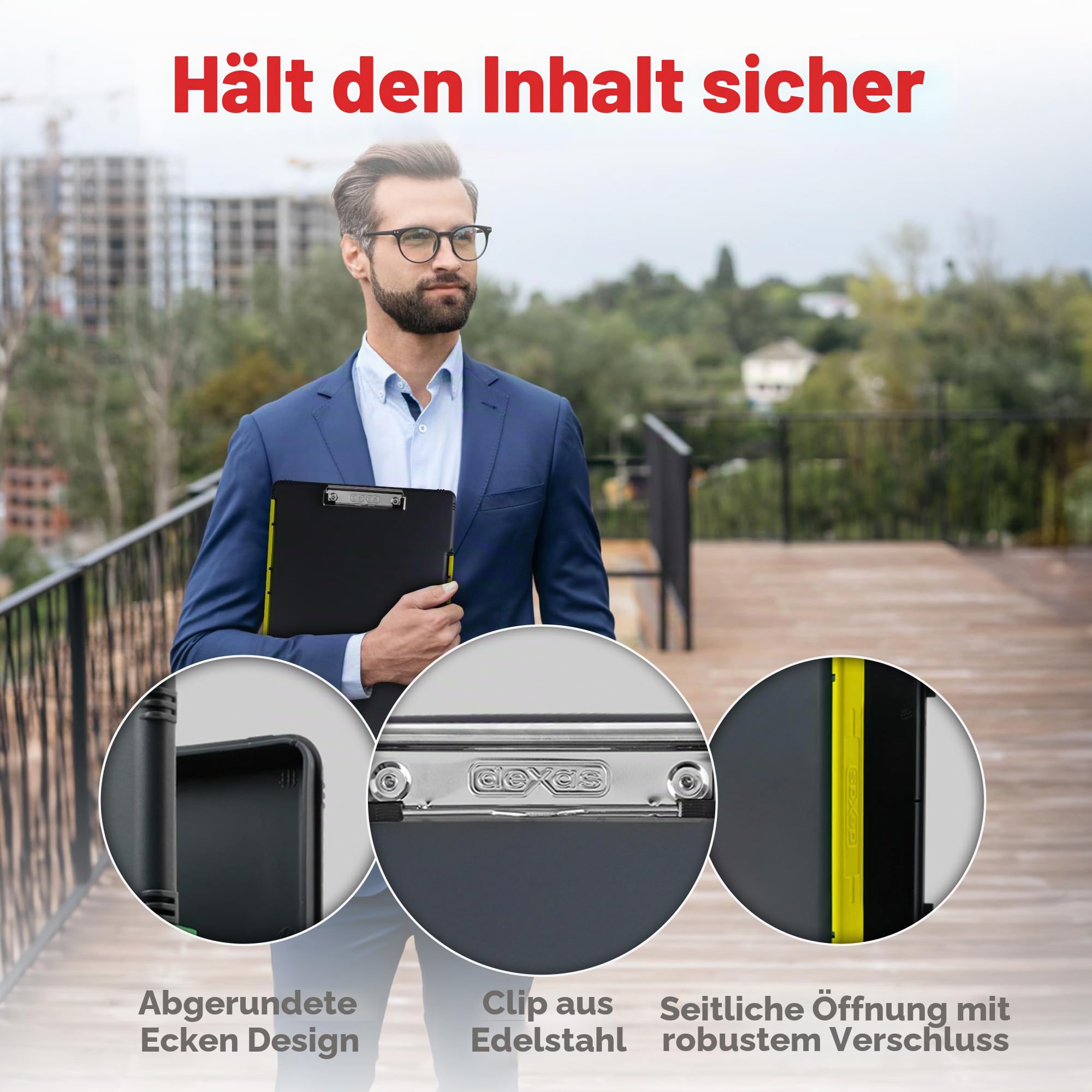 Dexas XL Slimcase 2 Klemmbrett zur Aufbewahrung, legale Größe, Kunststoff, Grau mit gelbem Clip, 15.5" x 10.5" x 1"