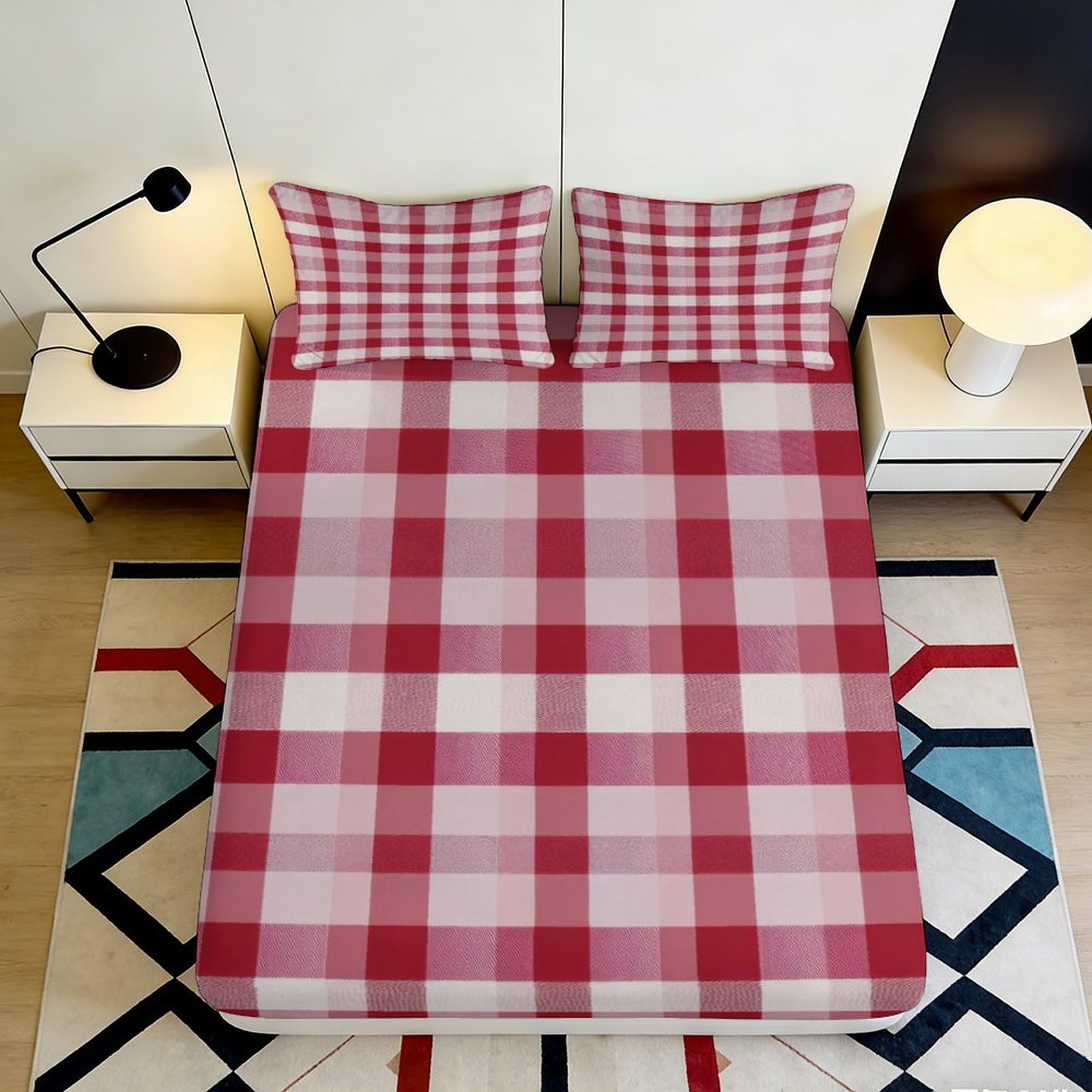 3D Printed Red Plaid Fitted Sheet Microfiber Soft Breathable Checkered Mattress Cover for Bedroom Guest Room Decor 90x200x25cm