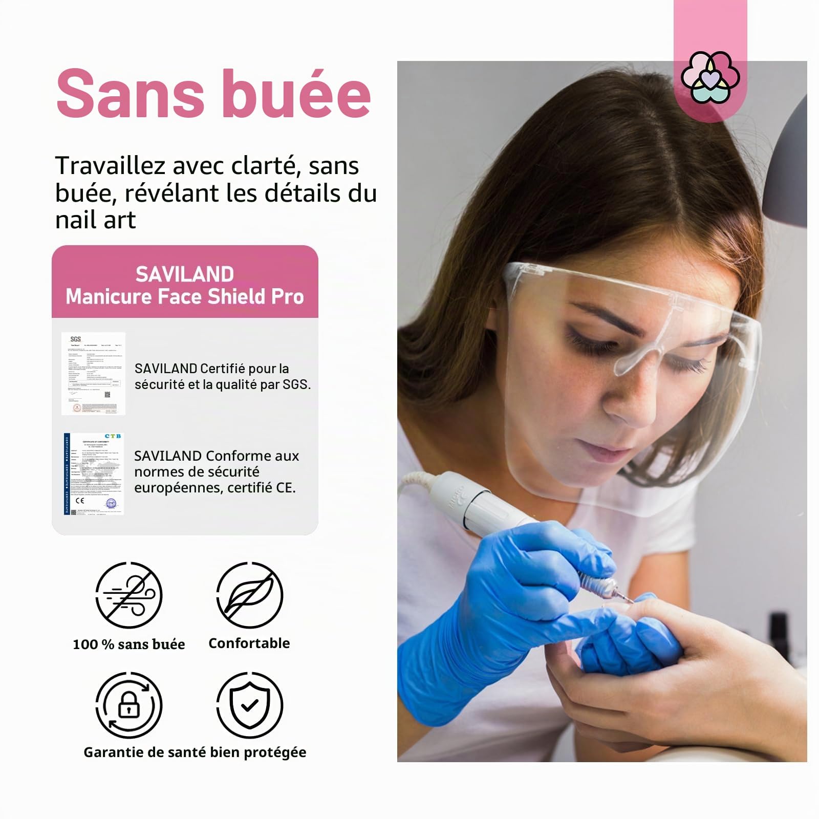 Saviland Protection du visage pour fraise à ongles : protection faciale extra transparente, protection contre la poussière, protection contre les éclaboussures des yeux, lunettes de protection