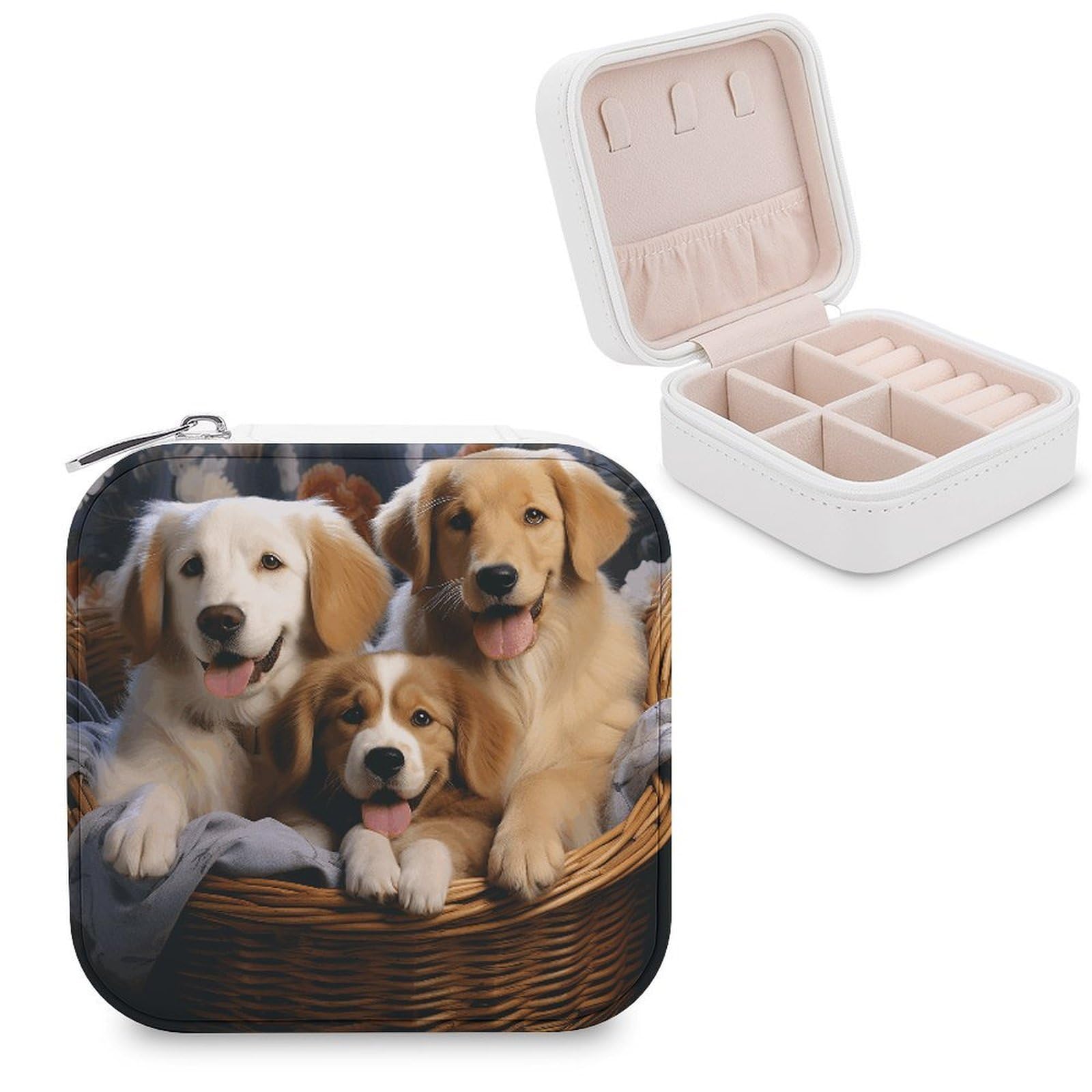 FekiLoot Dog Baskets And Dogs Jewelry Case Personalized Leather Jewelry Box Mini Travel Jewelry Case Small Portable Jewelry Organizer for Ring Earrings Necklace Bracelet