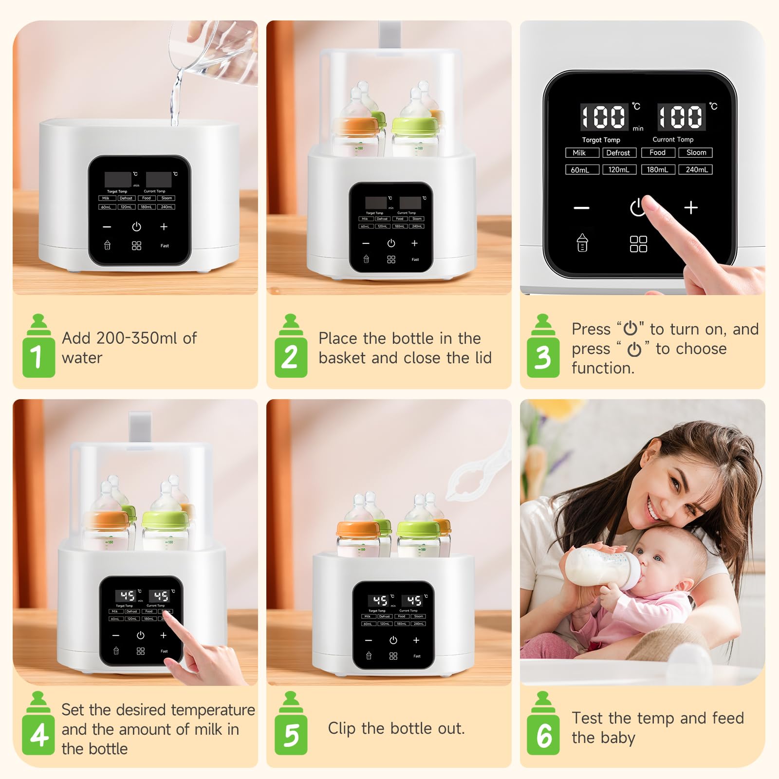 Calentador de biberones, esterilizador de 4 biberones 6 en 1 con pantalla LCD, calentamiento rápido y descongelación para leche materna o fórmula, control inteligente de temperatura de 48 horas, luz