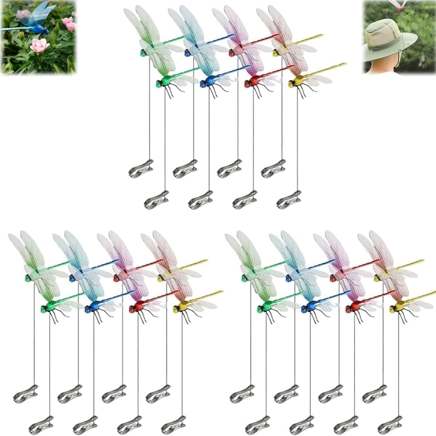 3D Dragonfly Clip,Fake Dragonflies, Humming Bird Stakes Fake, Plastics Dragonfly for Garden Stakes Decor Yard Ornaments for Hat,Deer and Horse,Fly Scare Devices for Indoor Outdoor (24-pcs)