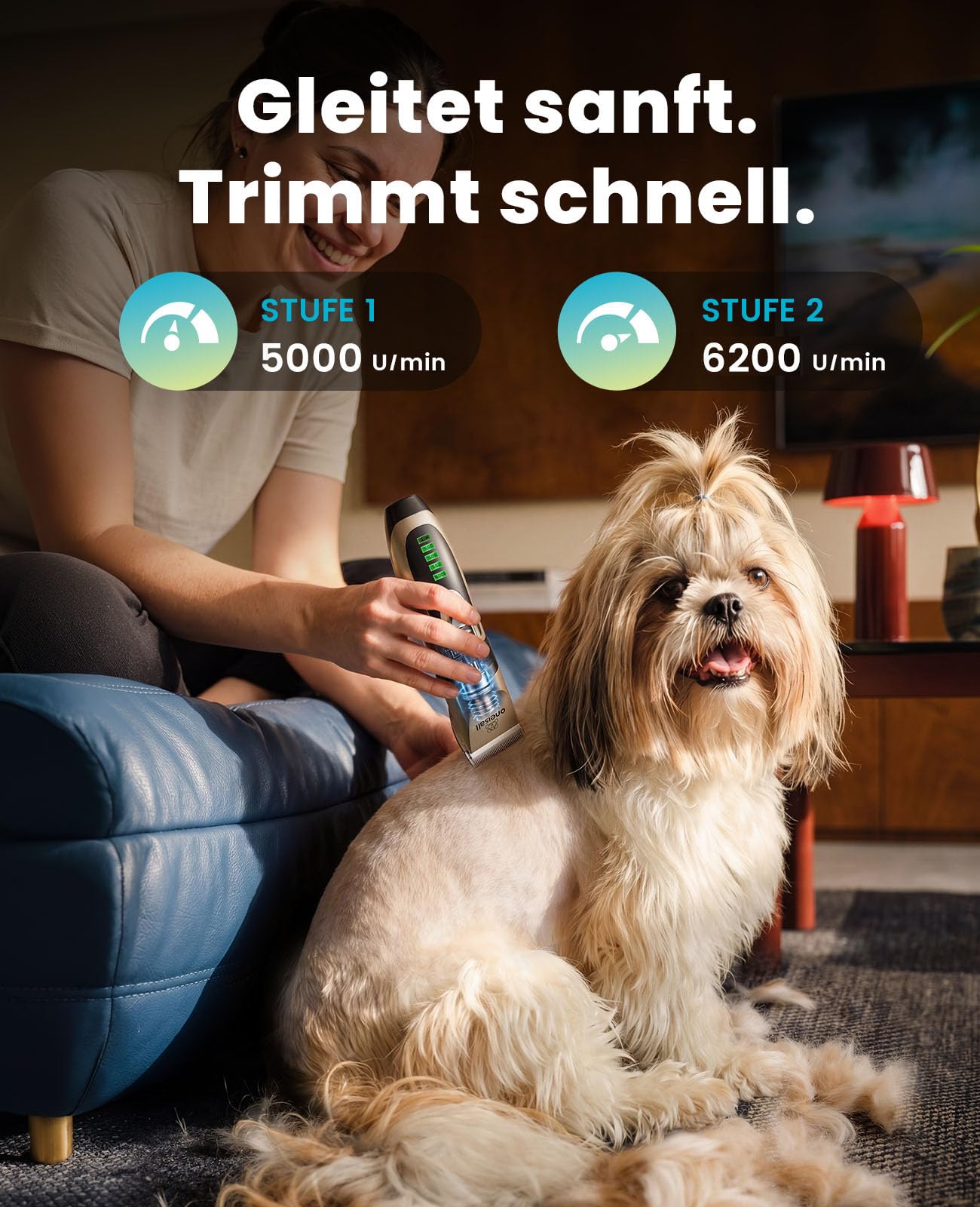 oneisall Leise Hundeschermaschine, 2000mAH 4h Laufzeit Schermaschine Katze Hunde dichtem Fell, Hunde Haarschneidemaschine Tierhaarschneidemaschine Hunderasierer Langhaar(Gold)