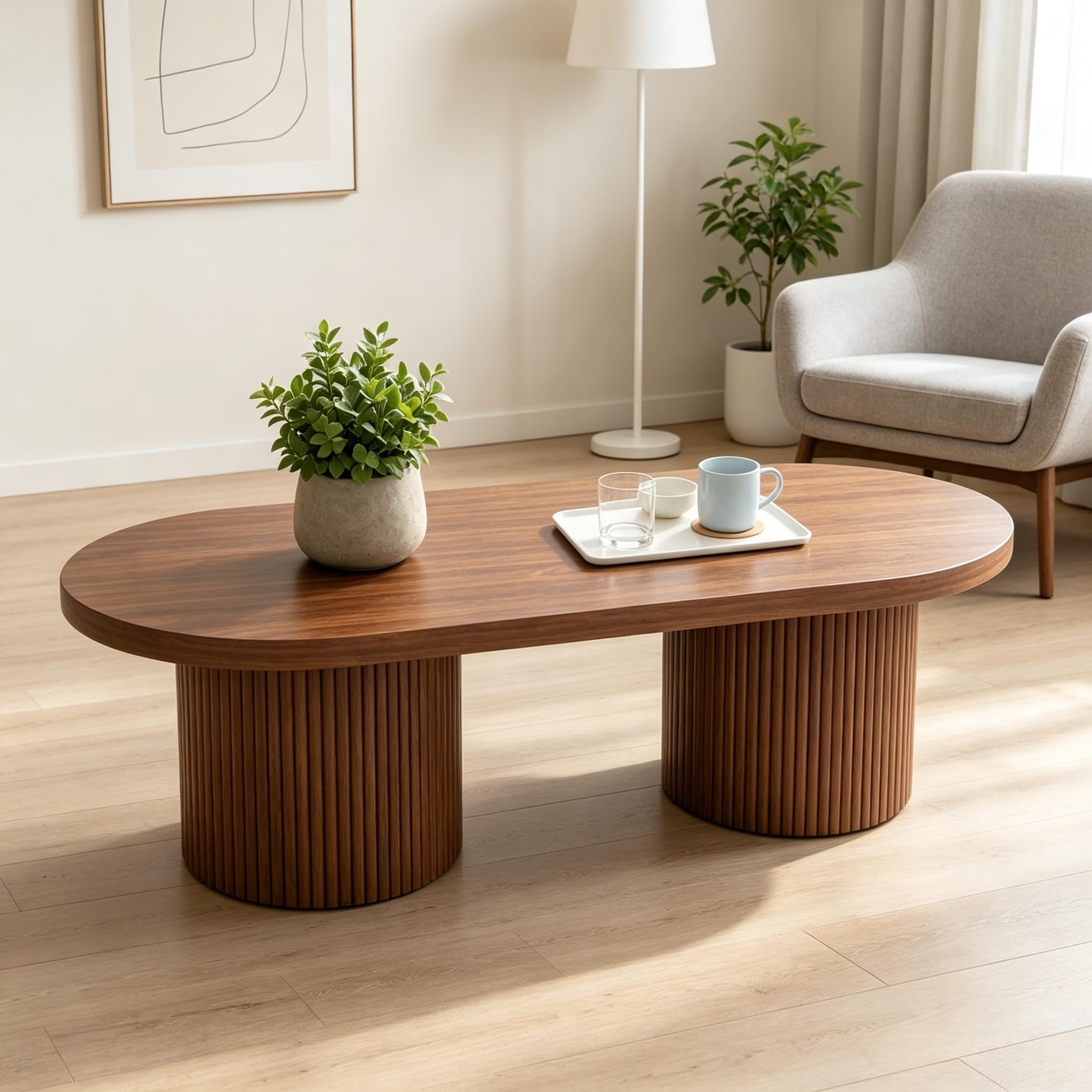 Kebnor Mesa de centro ovalada, mesa auxiliar de madera, mesa auxiliar moderna para sofá con base de columna romana para salón, balcón, dormitorio, MDF, color nogal, 100 x 50 x 35 cm