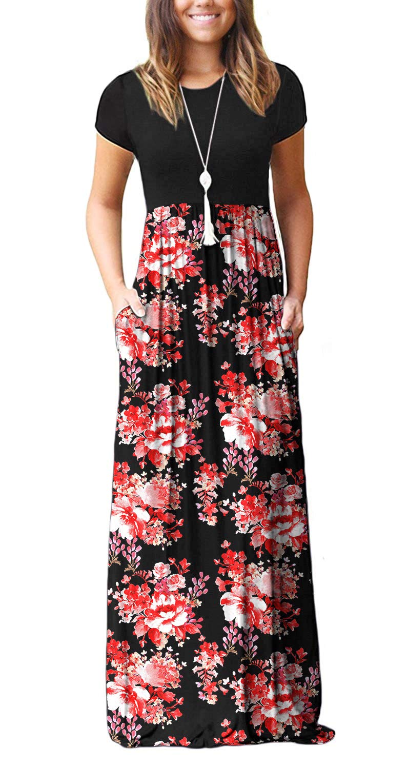 DEARCASE Maxi Dress for Women Short Sleeve Casual Summer Loose Plain Comfy Long Dresses with Pockets