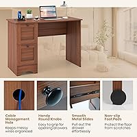 Vista 6 de Tangkula Escritorio para computadora con cajones y estación de carga, escritorio de madera para oficina en casa, escritorio para computadora Nuez