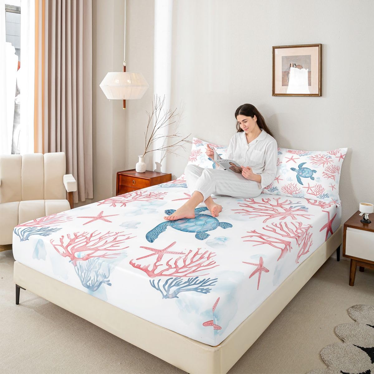 Manfei Sábana bajera ajustable de tortuga marina, tamaño King, juego de ropa de cama tropical hawaiana, 3 piezas, sábanas de estrella de mar coral con 2 fundas de almohada, decoración de habitación de