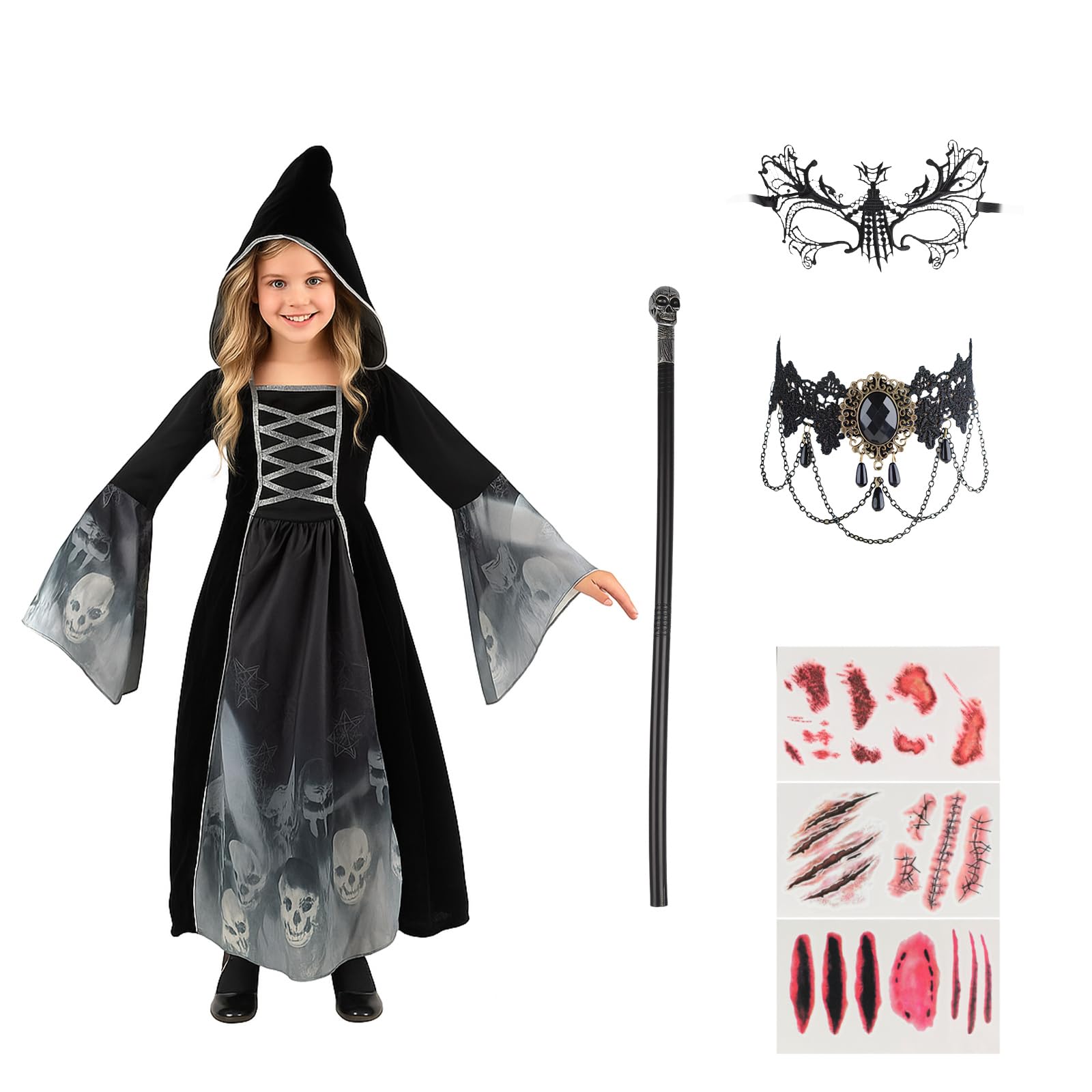 5Pcs Scary Witch Halloween Costume - Dead Theame Halloween Costume Girls, Wicked Medieval Costumes Kids with Scepter, Necklace, Mask, Terrifying Hooded Costumes Fancy Dress, Black Tudor Dress XL