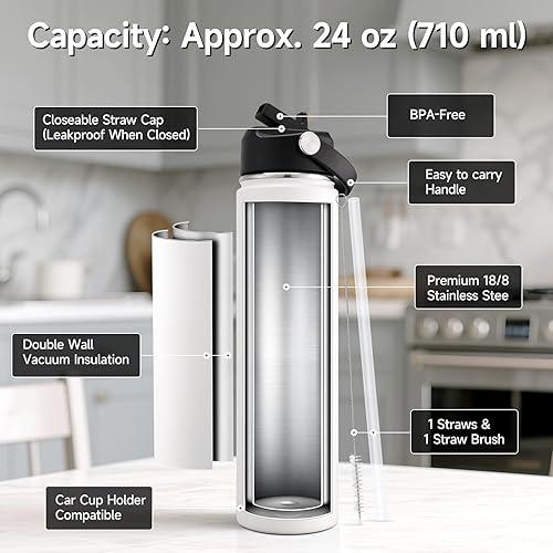 Miniatura 2 de Cierto Botella de agua aislada de 24 onzas con popote, termo de acero inoxidable con tapa a prueba de fugas para hombres, mujeres, niños y niñas,