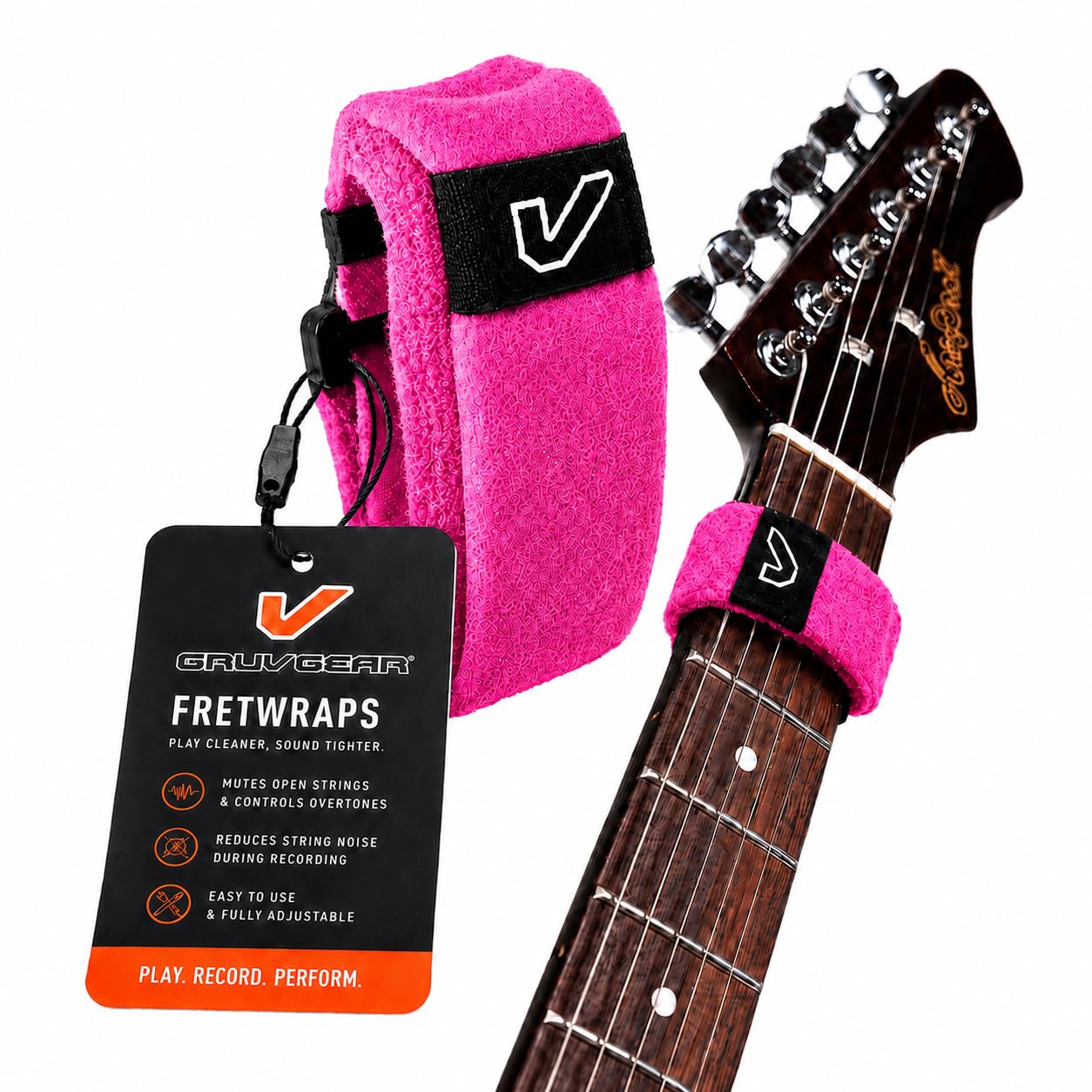 Gruv Gear Fret Wrap &amp; Guitar Mute, Fretwrap for Acoustic, Electric &amp; Bass | String Dampener Recording, Tapping &amp; Practice Accessory (1 Pack, Medium Pink, Fits 5 String Bass, 7 String Guitar)
