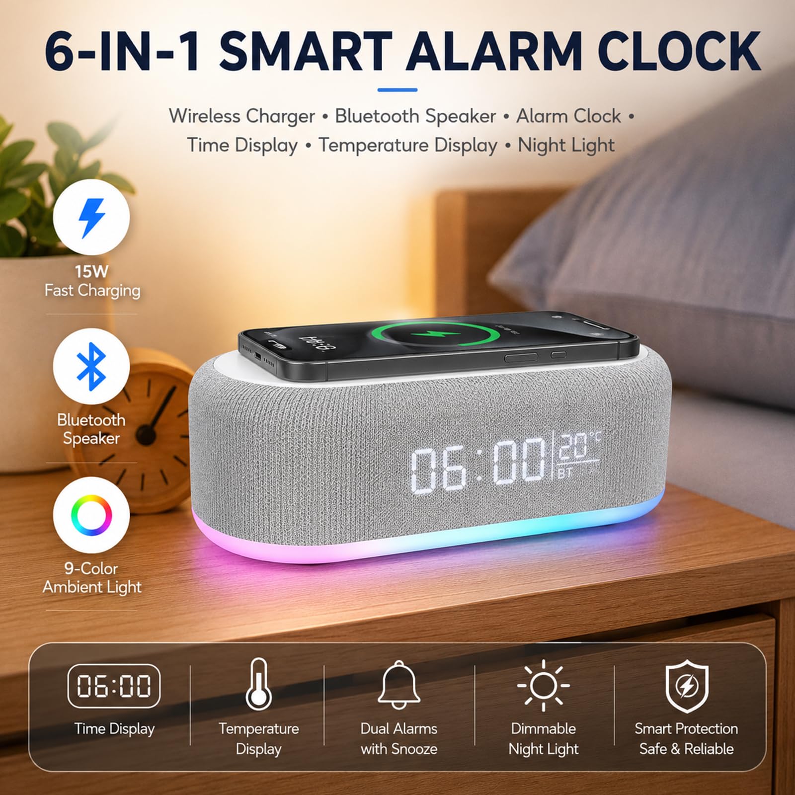 BYZESTY Radio despertador Bluetooth con carga inalámbrica 15 W, despertador de radio digital, despertador de audio Bluetooth digital 6 en 1 con luz nocturna y reloj, cargador USB para mesita de noche