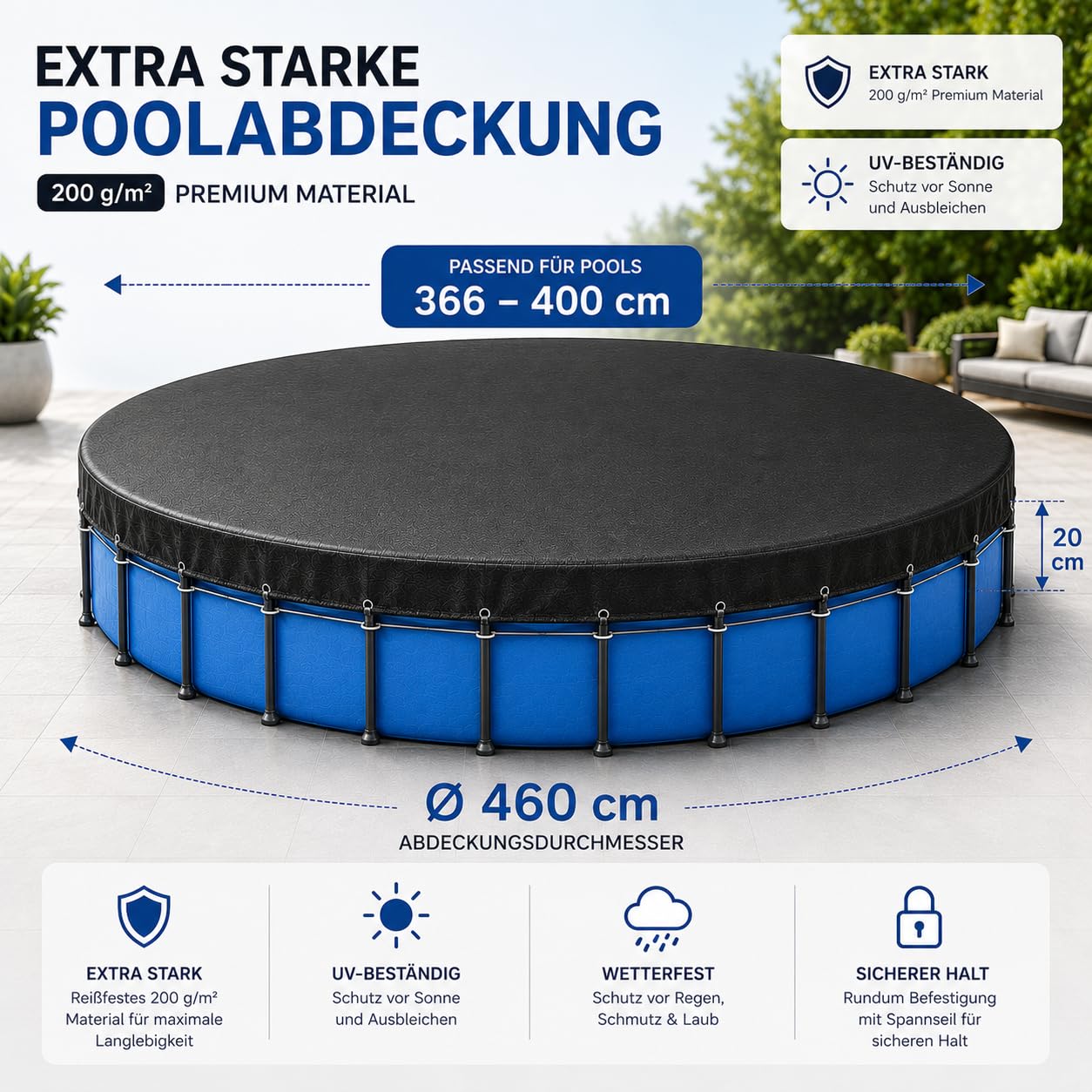 Okrągła osłona basenu – bardzo gruba plandeka 200 g/m² – odporna na promieniowanie UV solarna na lato i zimę, czarna – plandeka basenowa (366 – 400 cm (Ø 460 cm)