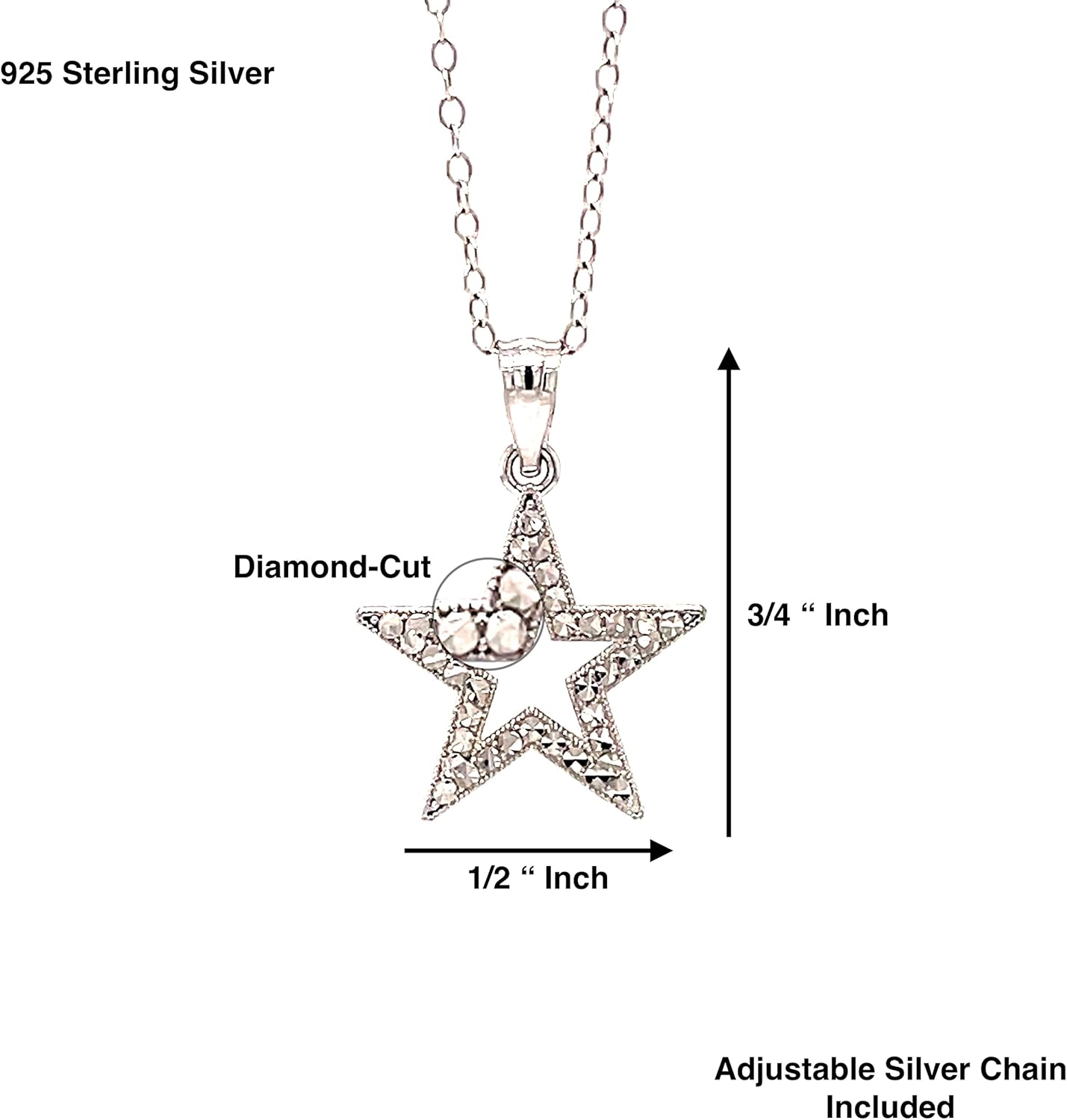 Silver Star Pendant - 925 Sterling Silver- Silver Adjustable Necklace 16"-18" - Greats Gifts for Men and Women - Image 3