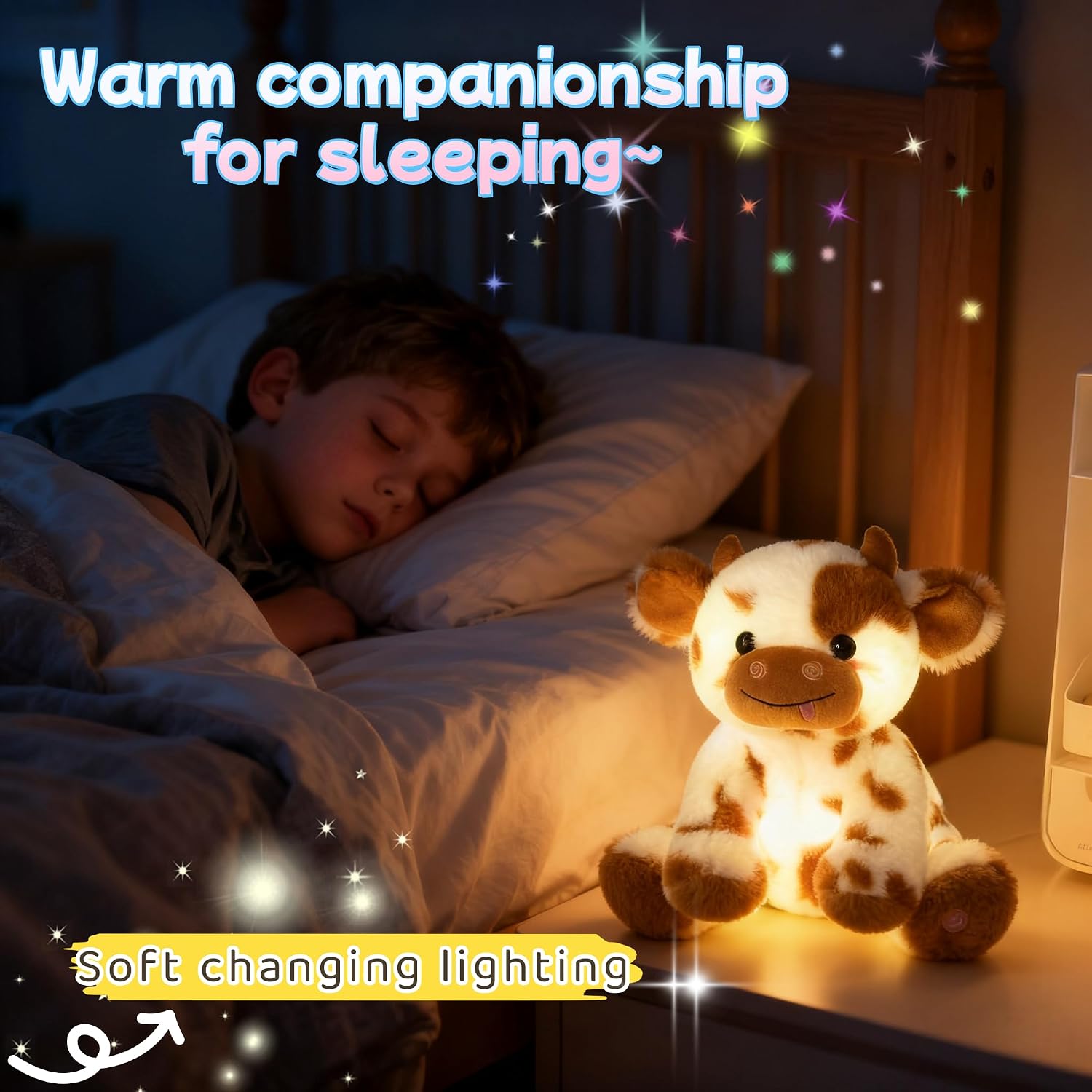 9.8" Light-Up Plush Cow Toy, Soft Brown & White Glowing Cow Stuffed Animal, Night Companion for Kids, Cute Bedroom Decor, Birthday for Boys Girls Friends