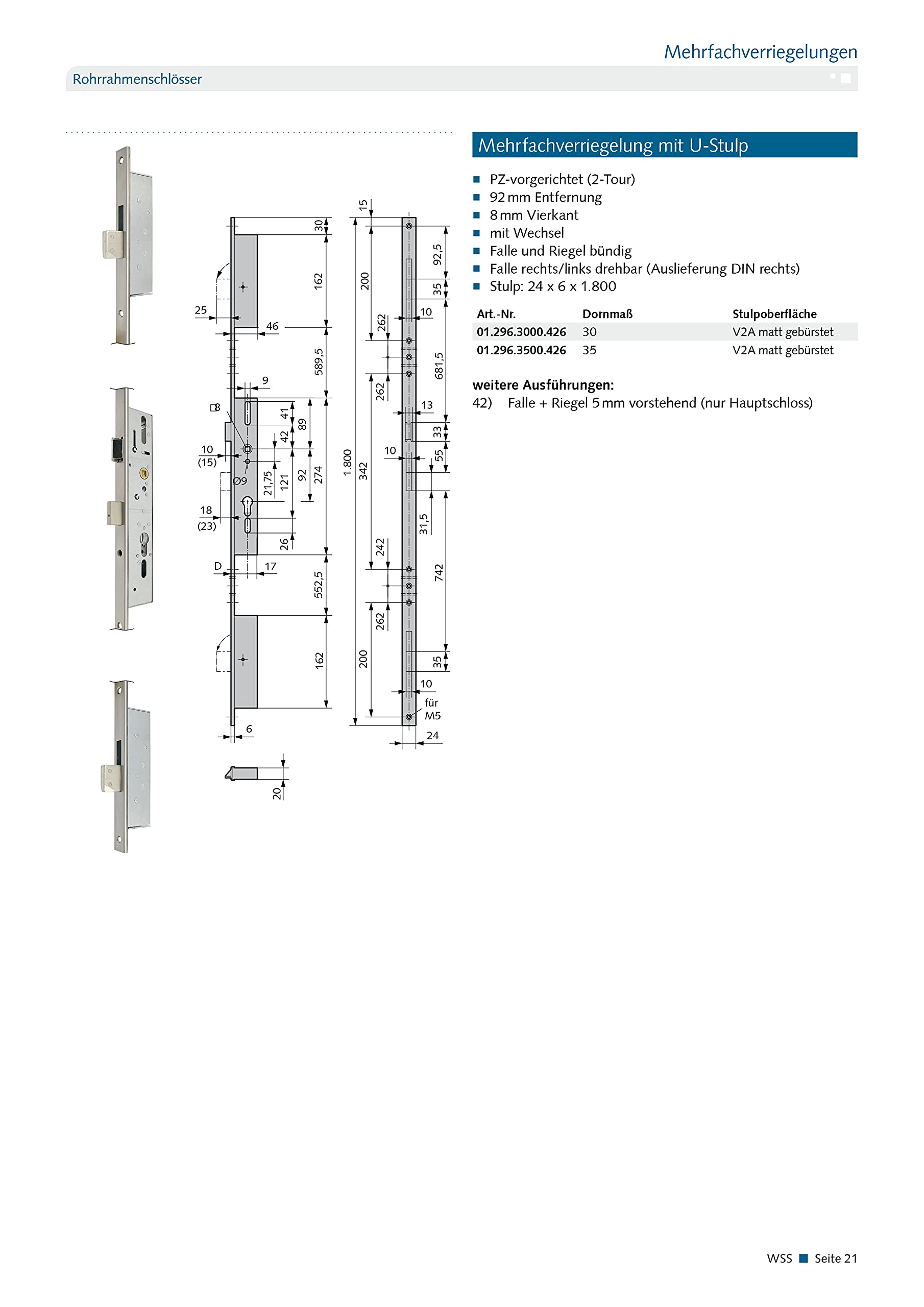 Mehrfachverriegelung mit U-Stulp - Dornmaß: 35, Ausführung: PZ gelocht - 012963500426 erial/Oberflächen: Edelstahl V2A matt gebürstet, Produkt-Richtung: DIN rechts/links verwendb