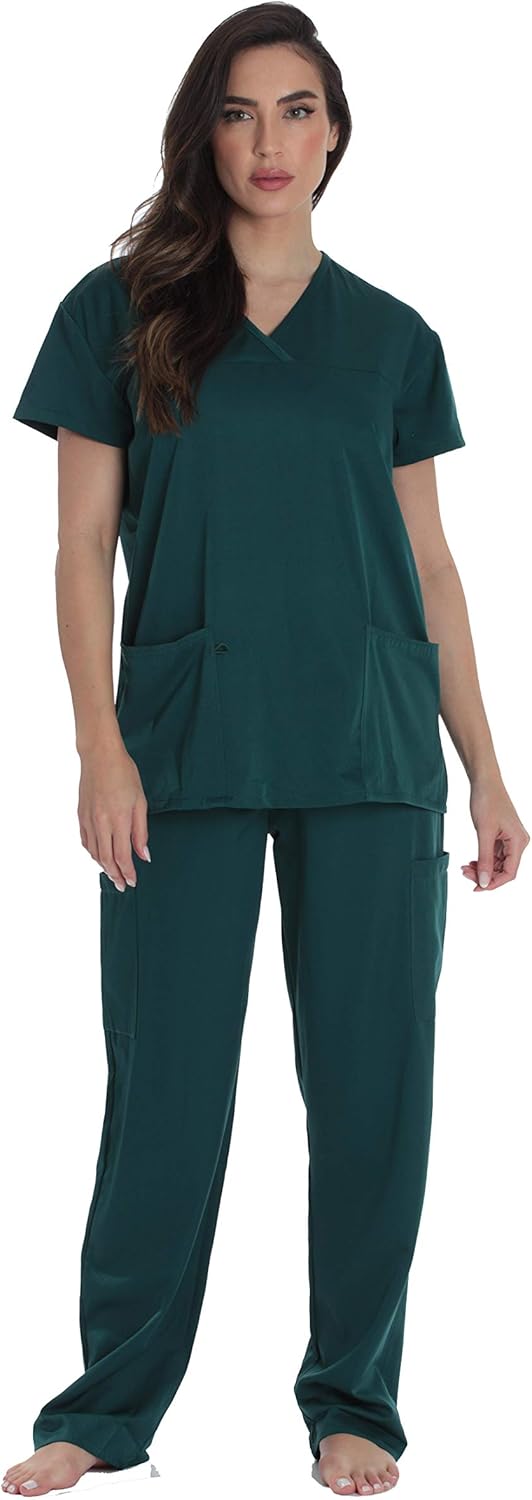 Just Love Solid Stretch Scrub Set for Women Stretchy Mock Wrap Top and Cargo Pants: Clothing, Shoes & Jewelry