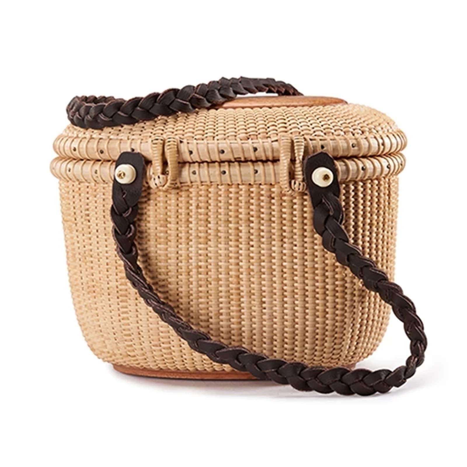 Wlrdpupje Wood Color Picnic Basket Handmade Hand-Woven Wicker Picnic Basket For Picnic Camping Outdoor