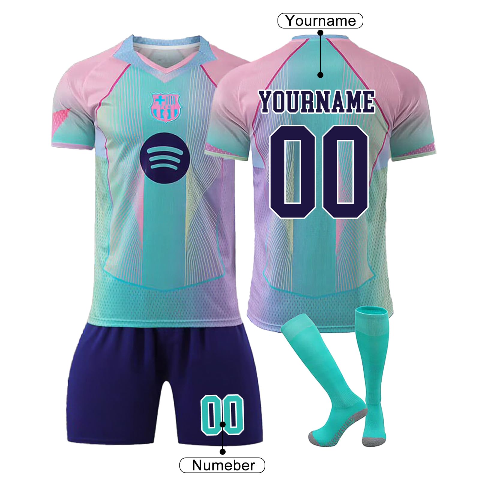 Personalisierbares Fußballtrikot im Barcelona Stil für Jungen und Kinder, Komplett Fußballset mit Trikot, Shorts und Socken, atmungsaktiv, schnell trocknend, Sportbekleidung für Training und Freizeit