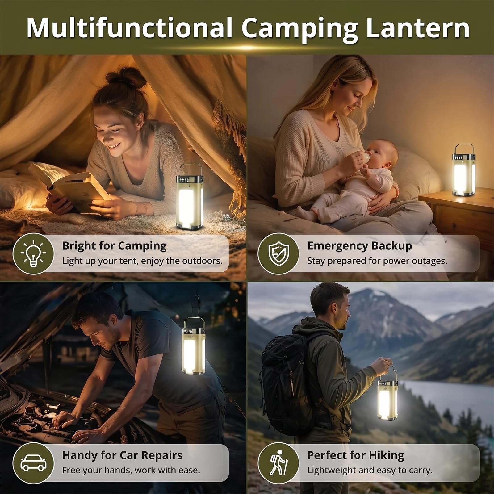 Lampada da campeggio solare e USB-C Carica, 4 luci mobili, 6 modalità, batteria da 2000 mAh, IPX4, impermeabile, pieghevole con gancio per campeggio, escursionismo, emergenze – La tua versatile luce