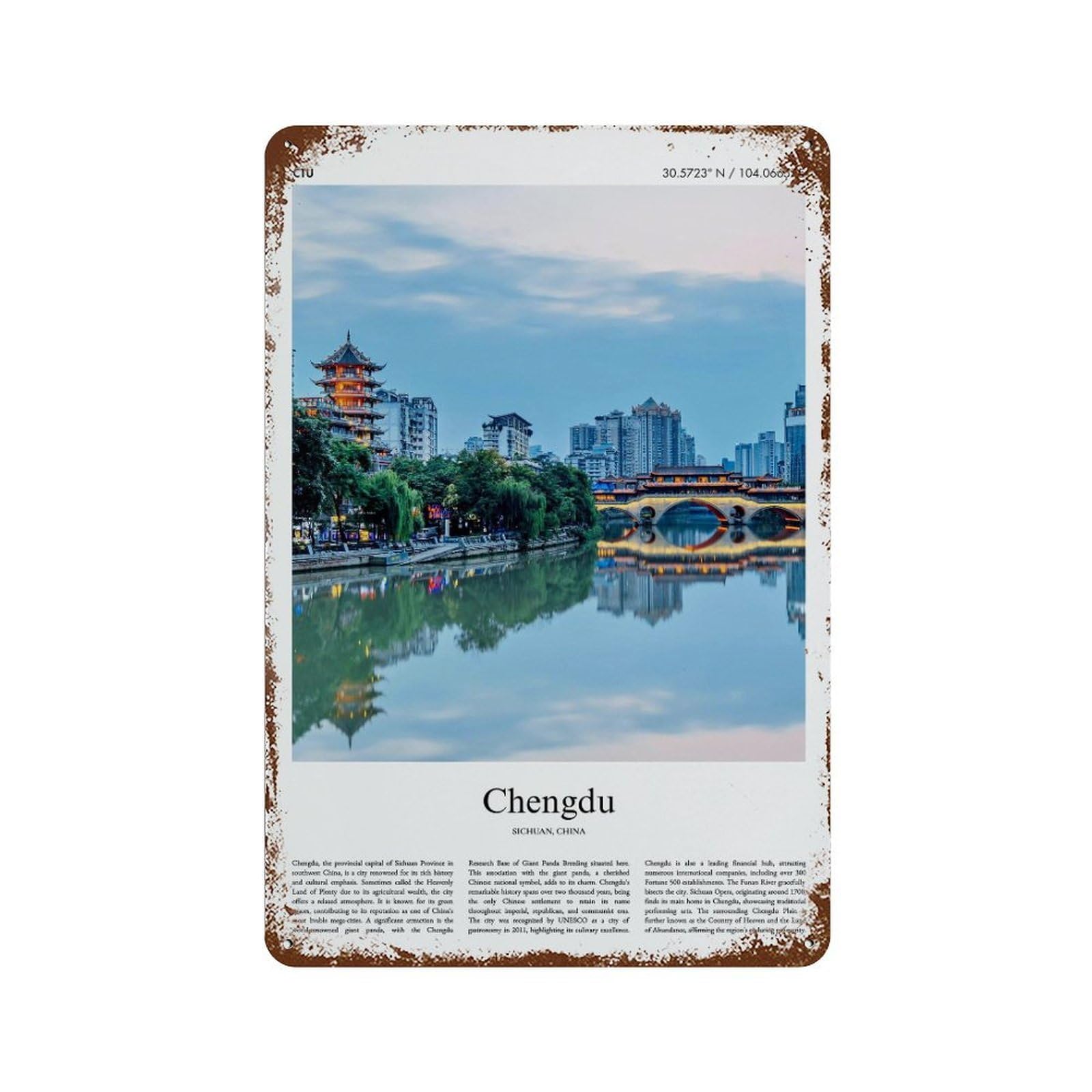 xiaoxiaoshen Chengdu Sichuan, China City Scenery Wall Decor Art Metal Tin Poster Modern Home Decor Art Home Bar Shop Decorations Vintage Sign 30x20cm