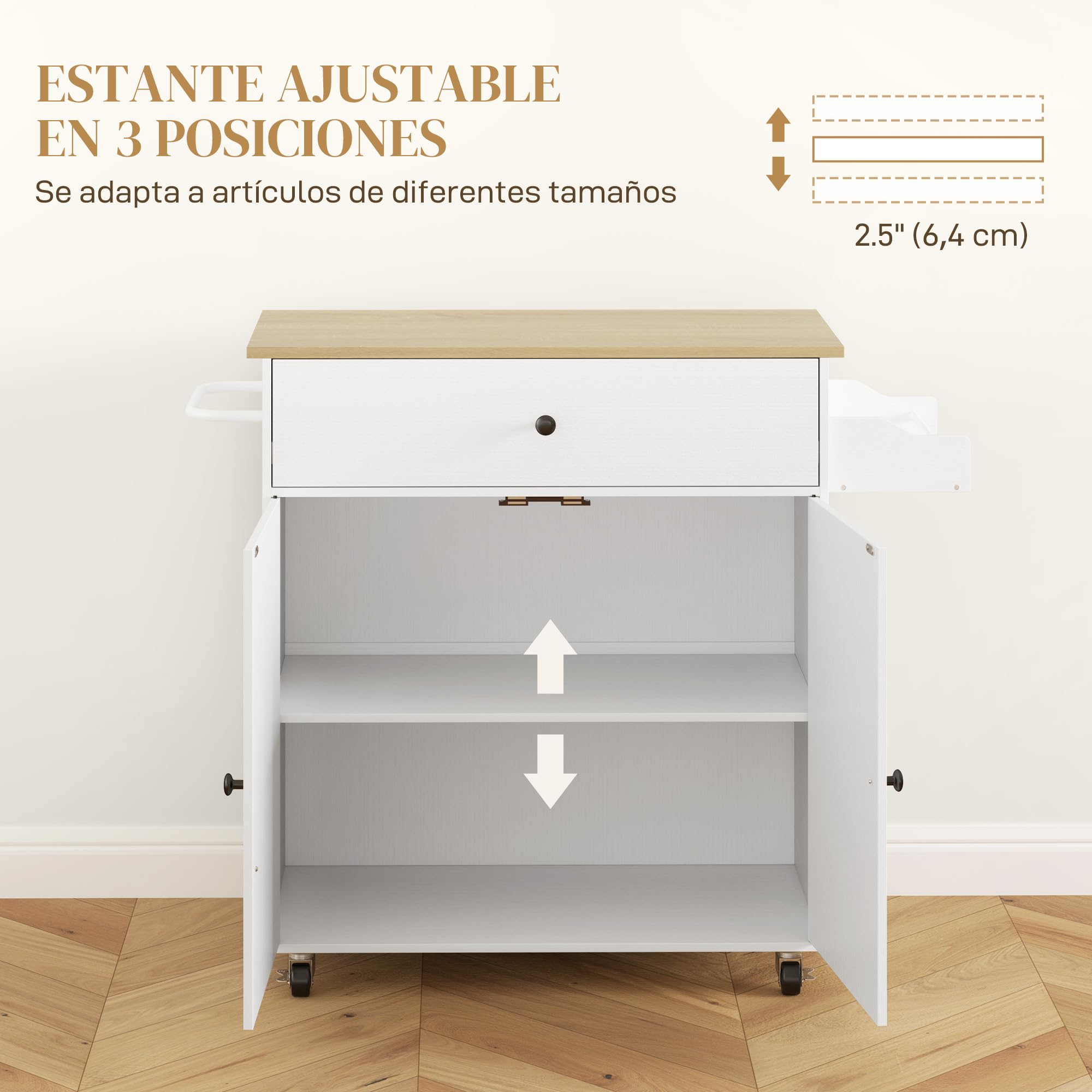 HOMCOM Isla de Cocina con ala Abatible Carrito de Cocina Mueble Auxiliar de Cocina con Ruedas 2 Puertas Cajón Especiero Toallero y Estante Ajustable 106x42x87 cm Blanco y Roble