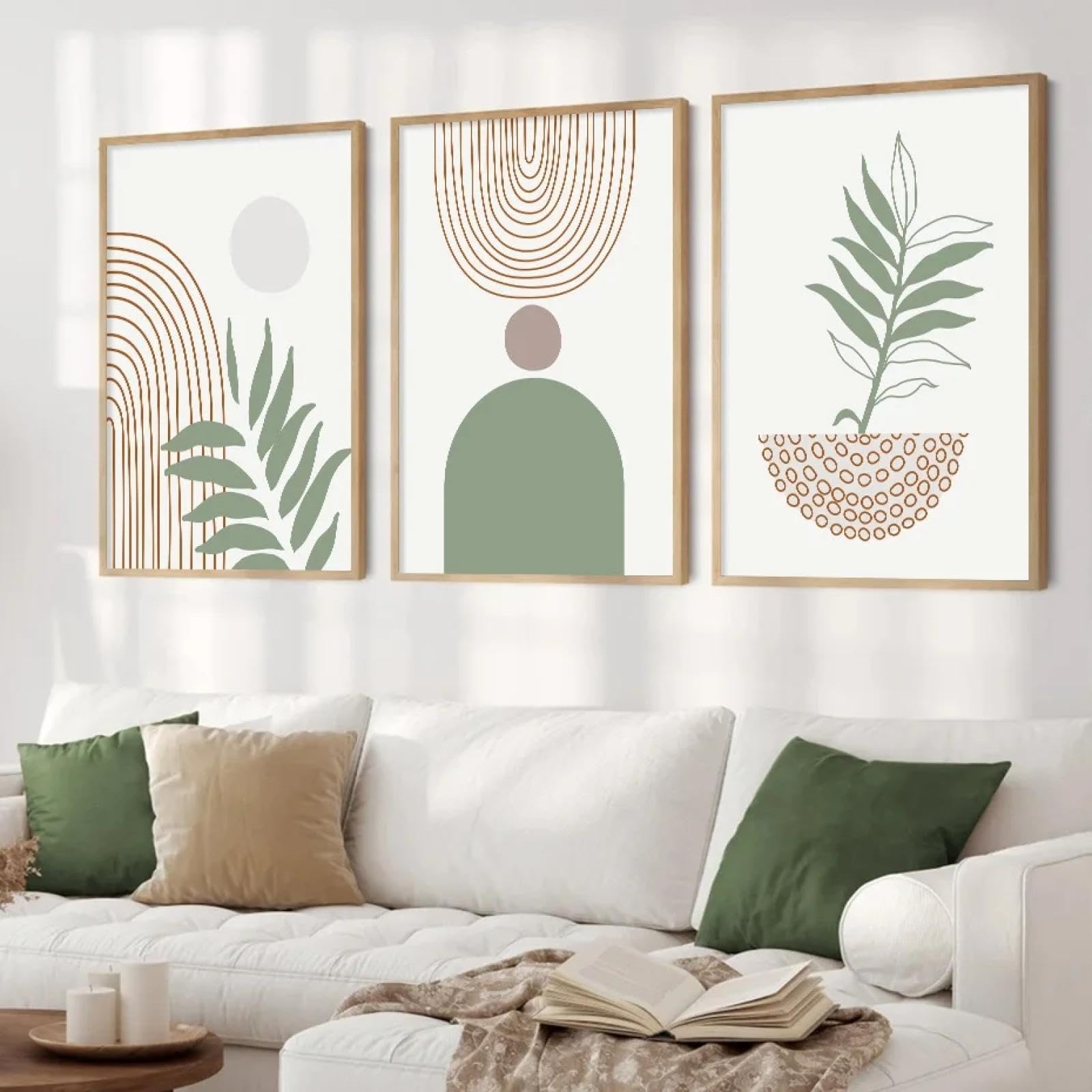 CHAOJIART Boho Abstract Geometric Forms Olive Green Brown Minimalist Poster Canvas Painting Wall Art Print Picture Living Room Decor 40x60cm(19x24in) x3 frameless