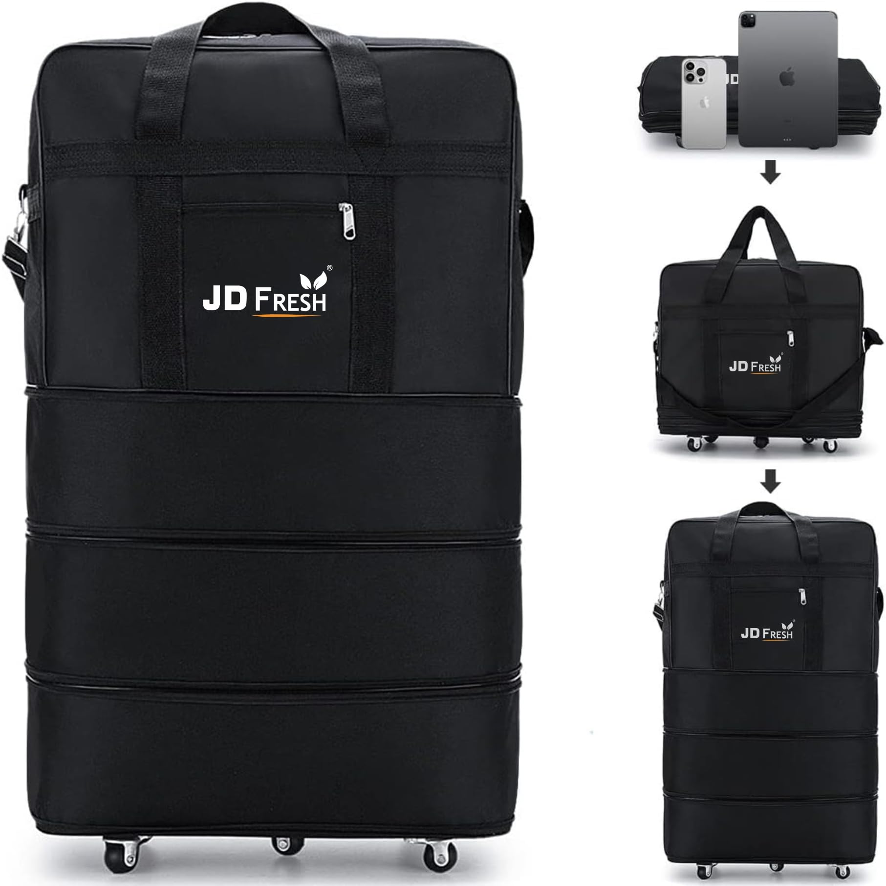JD FRESH 3 Layer Nylon Duffle Bags/Convertible Travel Luggage with Wheels/Waterproof Traveling Bag for Clothes/Foldable - Extendable Duffle Luggages for Men and Women(Black) (B0D8VLVL75) Amazon Price History, Amazon Price Tracker