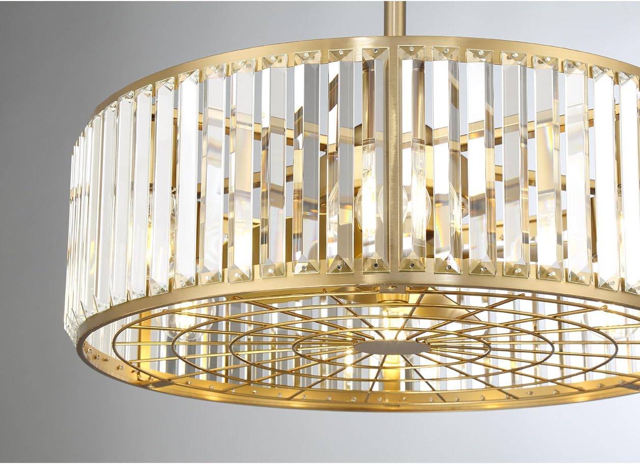 Savoy House 23-FD-245-322 Janus Fandelier Luxe Crystal Drum Chandelier Ceiling Fan with Light and Remote, 6-Light 48 Total Watts, 10" H x 23" W, Warm Brass