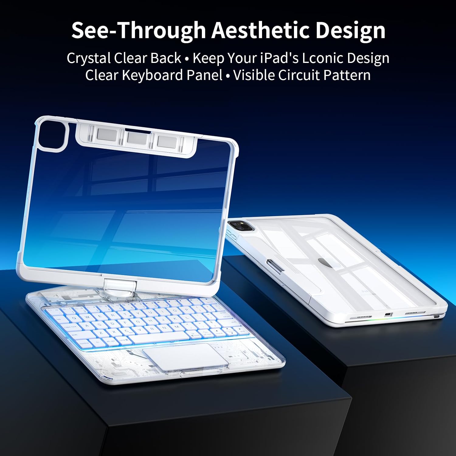 Transparent Keyboard Case for iPad 11th Gen 2025 (A16 11") & iPad 10th Gen 2022 (10.9") with Multi-Touch Trackpad, 360° Rotating Stand, 7-Color Backlit, Bluetooth, Pencil Holder,White