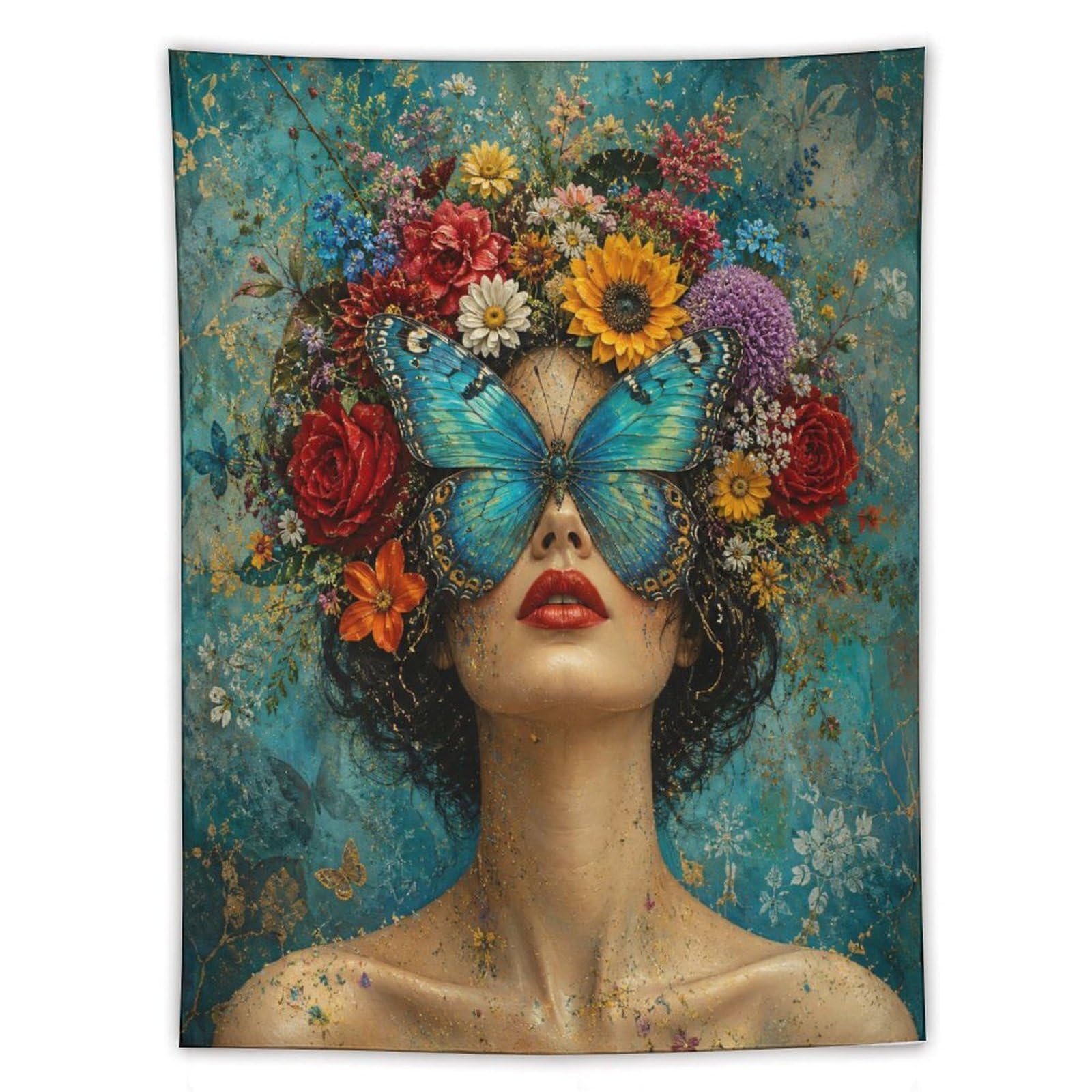 H3B8U2Y5 Butterfly Woman Teal Floral Wall Tapestry, Botanical Surrealism