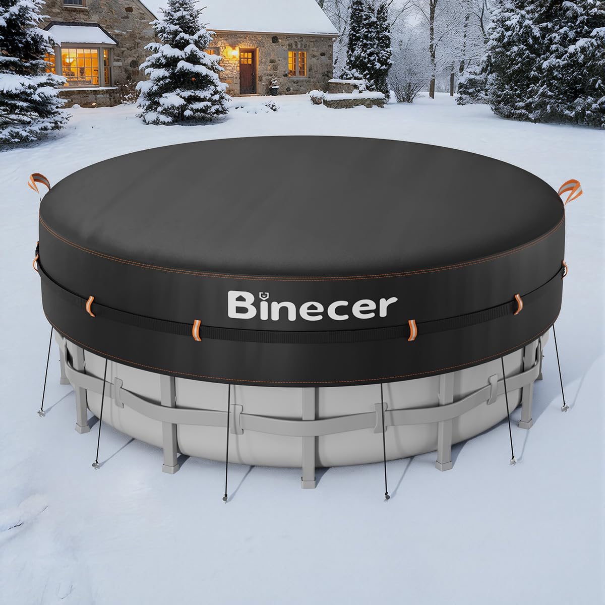 Binecer 18 Ft Round Pool Cover, Solar Pool Covers for Above Ground Pools with Reflective Strips, Swimming Pool Cover with Drawstring, Luminous Ground
