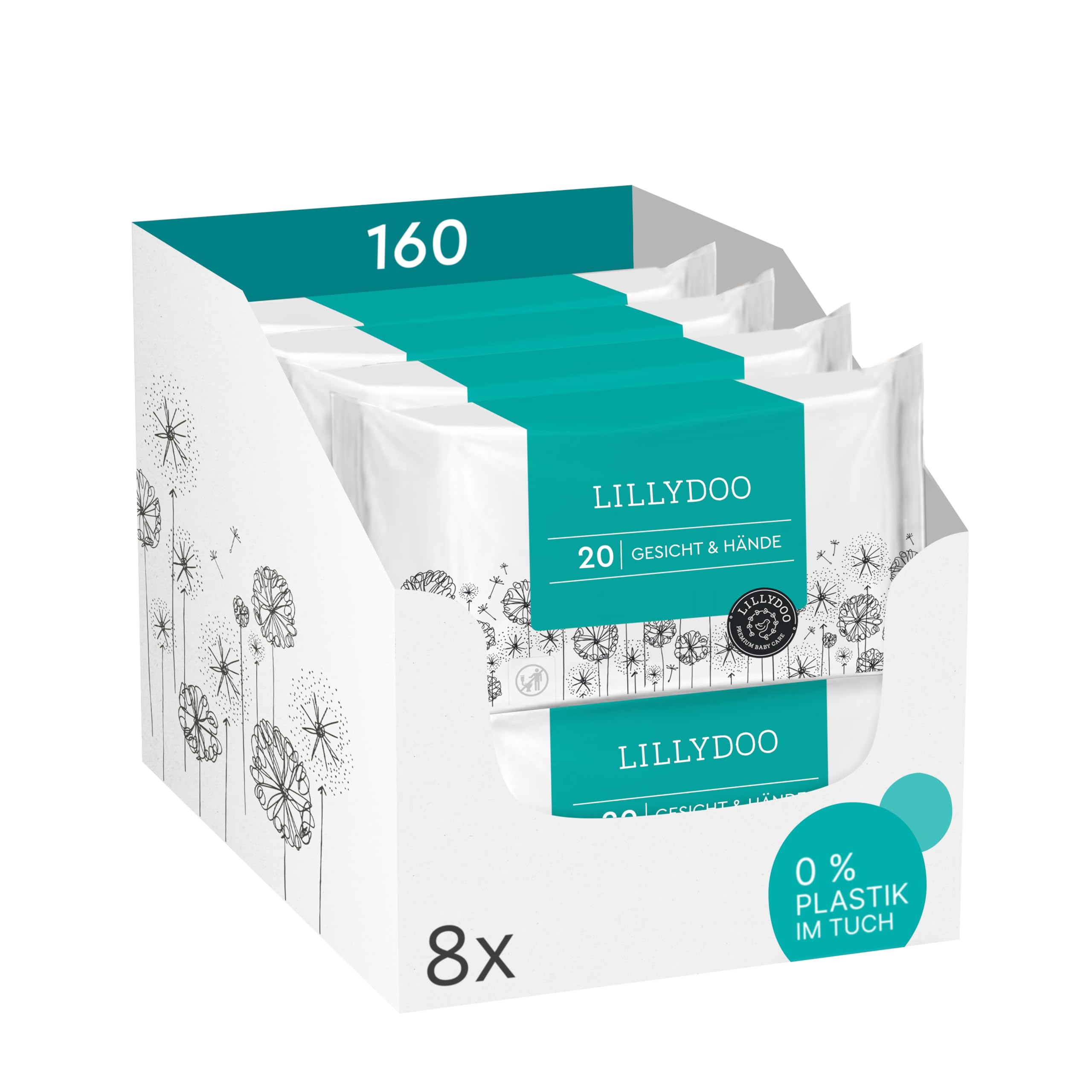 LILLYDOO Feuchttücher Gesicht & Hände 160 Stück (8 x 20), 100% plastikfrei