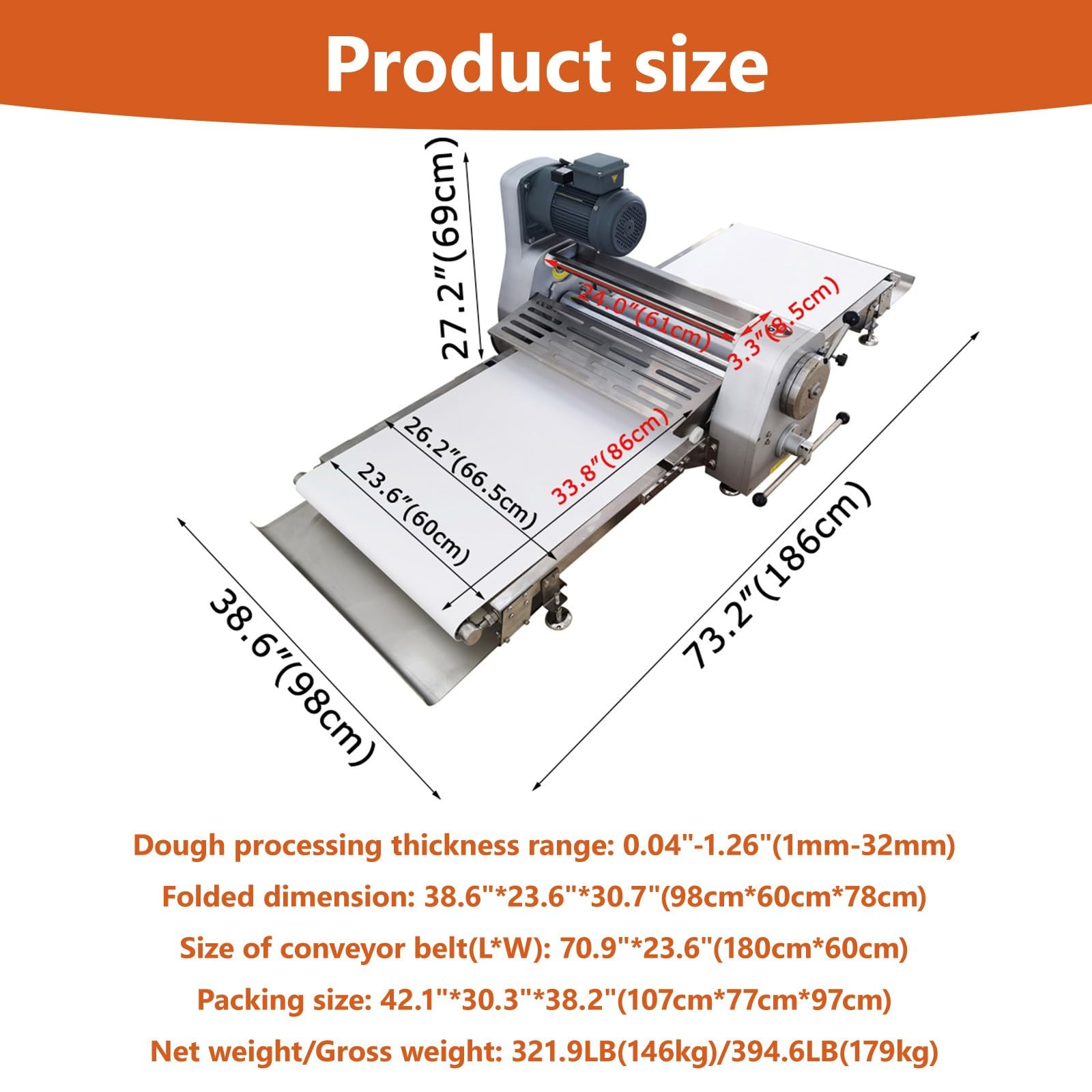 BEILOCKERY 110V Commercial Dough Sheeter Machine, Electric 600mm Reversible Roller Dough Flattening Conveyor, Desktop Pastry Machine 1-32mm Adjustable Thickness for Bakeries, Pastries