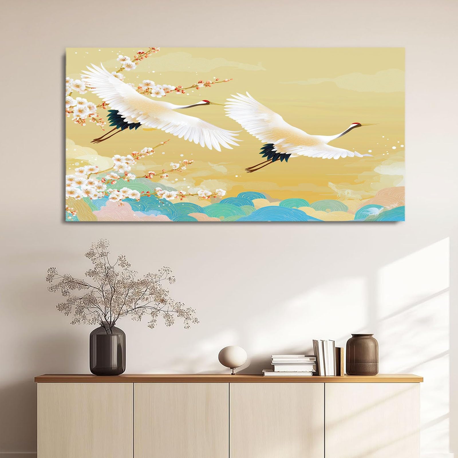 Deco Cadre Décoration Salon Deux grues en vol Impression sur Toile 70L x 50W cm Tableau Decoration Murale Chambre Cuisine Vecteur de Style Japonais Horizontal Art Wall Tableaux Decoratifs Muraux