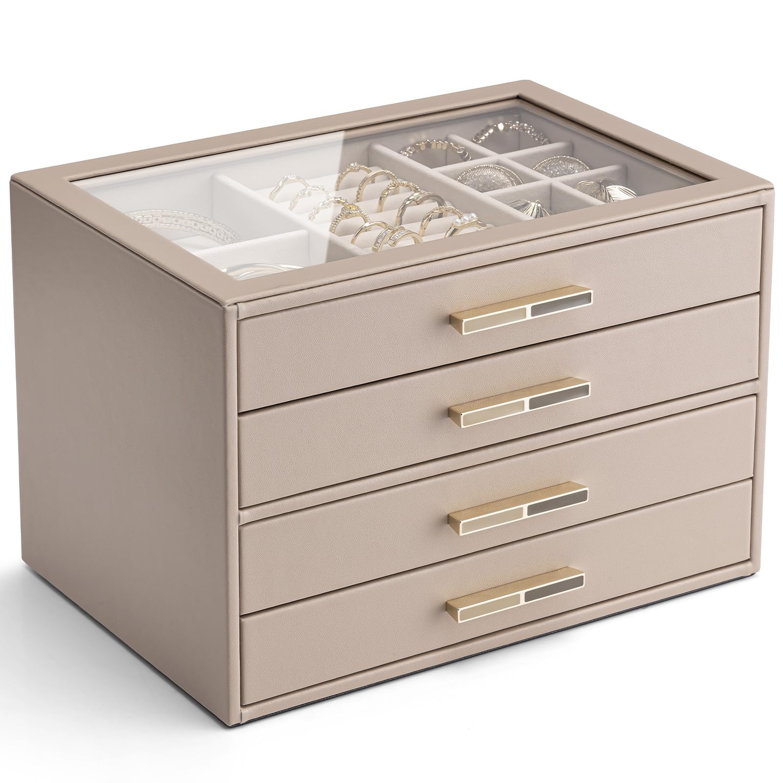 Vlando Portagioie da donna a 4 strati, coperchio in vetro, organizer per gioielli con 4 cassetti per collane, anelli, orecchini, bracciali, colore: caramello