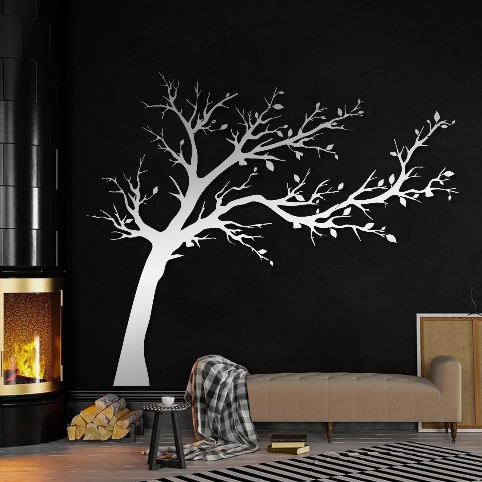 Decoración de pared abstracta contemporánea de metal con forma de árbol, adorno de árbol de ramas grandes de la vida, silueta, decoración familiar, hogar de sala de estar (plateado, 40x47 cm)