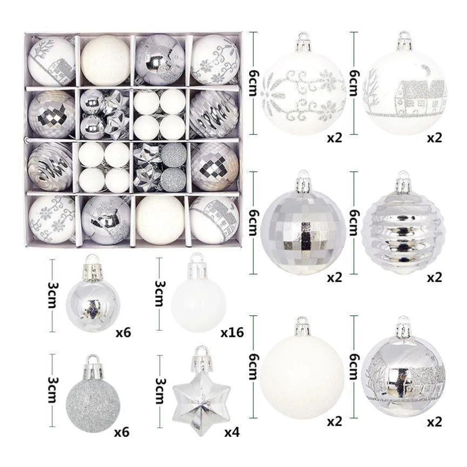44 Pezzi di Ornamenti di Palline di Natale Bianche Argento, Set di Palline di Natale, Palline appese all'albero di Natale per Decorare Alberi di Natale Fai da Te