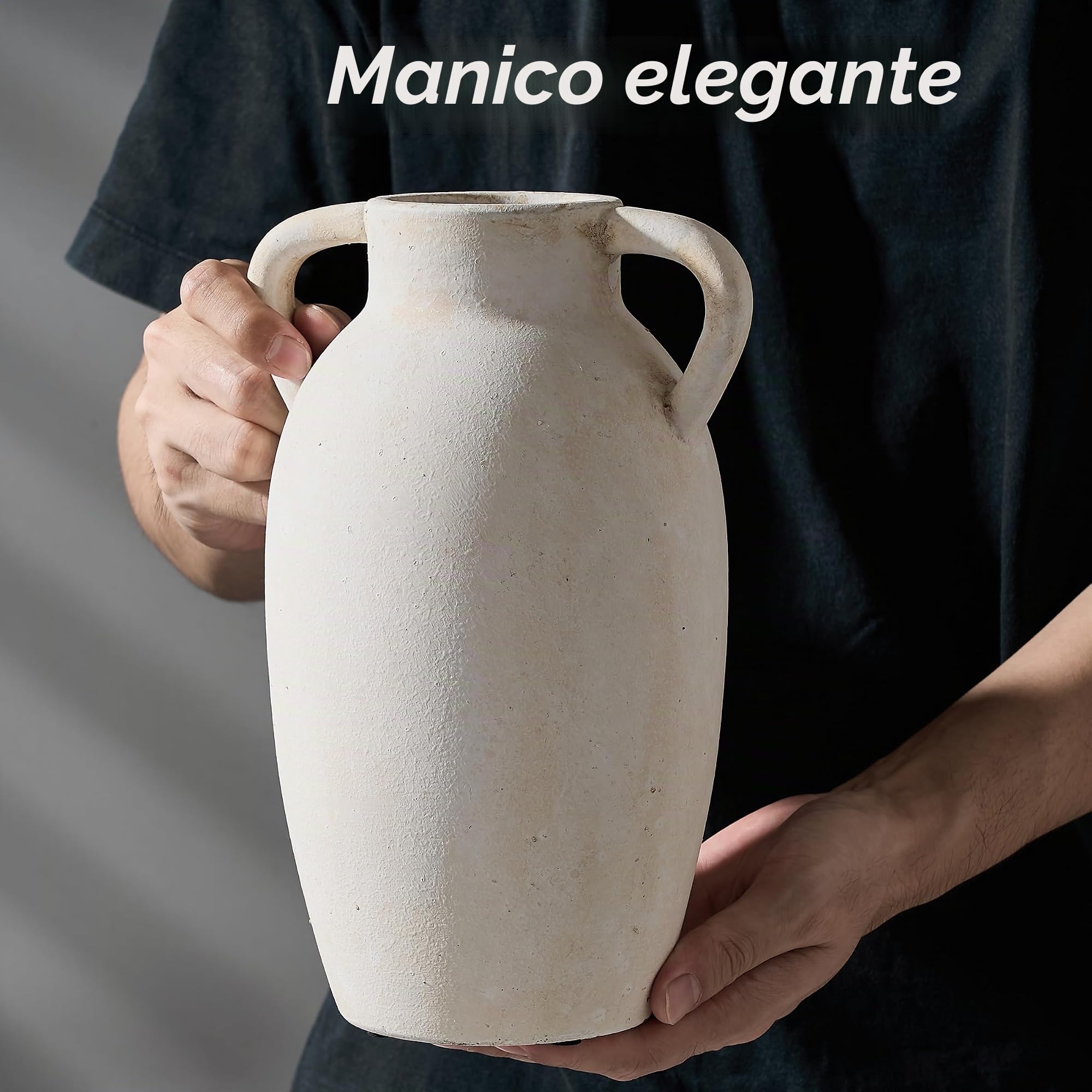 PORCER Vaso in ceramica, 24 cm, vaso decorativo in terracotta con manici, decorazione bohémien, vaso rustico per la casa, fattoria, soggiorno, tavolo - beige