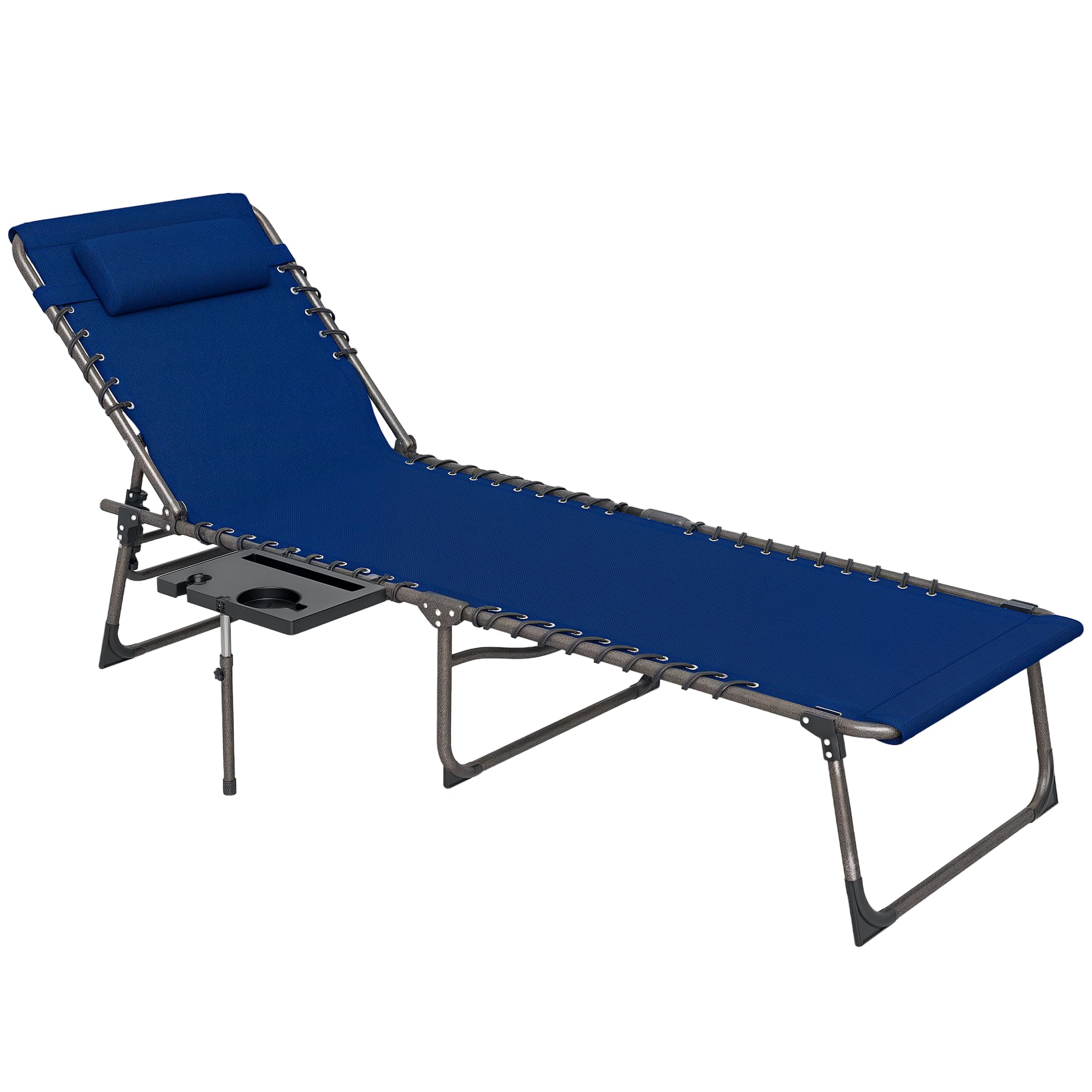Outsunny Folding Sun Lounger with Cup Holder, 5-Position Adjustable Reclining Garden Lounger, Portable Recliner Sunbed with Side Pocket, Head Pillow for Patio Beach Camping, Dark Blue โ image 1