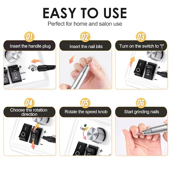 SUBAY Professional Finger Toe Nail Care Electric Nail Drill Machine Manicure Pedicure Kit Electric Nail Art File Drill with 1 Pack of Sanding Bands, White