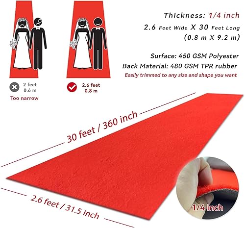 Miniatura 2 de Alfombra roja de lujo para fiestas, 2.6 x 30 pies, extra gruesa de alta calidad para bodas y eventos, respaldo antideslizante, decoración elegante