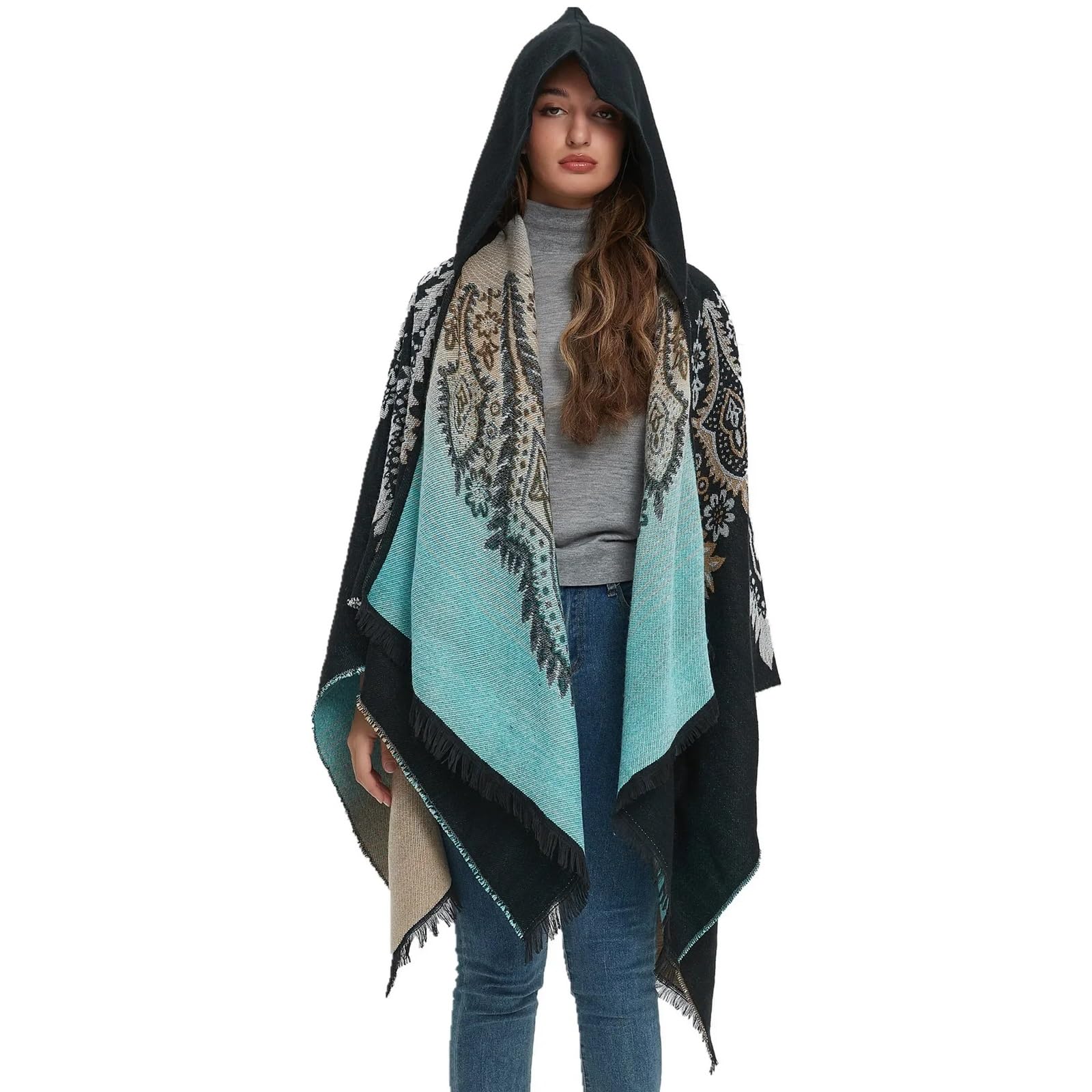 Scialle Donna Poncho Invernale da Viaggio, Caldo, con Cappuccio, Stile Etnico, con Scialle in Cashmere Imitazione Vento