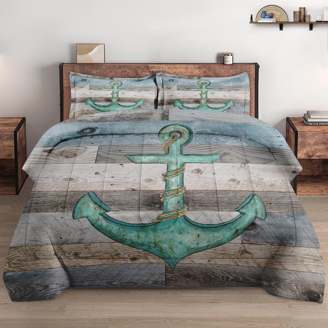 WeCozyComforter Set Full Size with 2 Pillowcases, Blue Anchor Nautical Bedding Set for Kids and Adults, Retro Beach Navy Wooden Soft Comforter Set for Bedroom Bed Decor