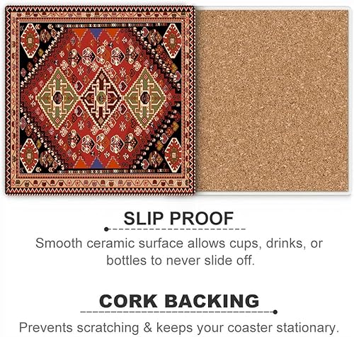 Miniatura 3 de Juego de 6 posavasos para bebidas, diseño geométrico tribal rojo, absorbente, cuadrado, con base de corcho y soporte de metal, decoración de bar