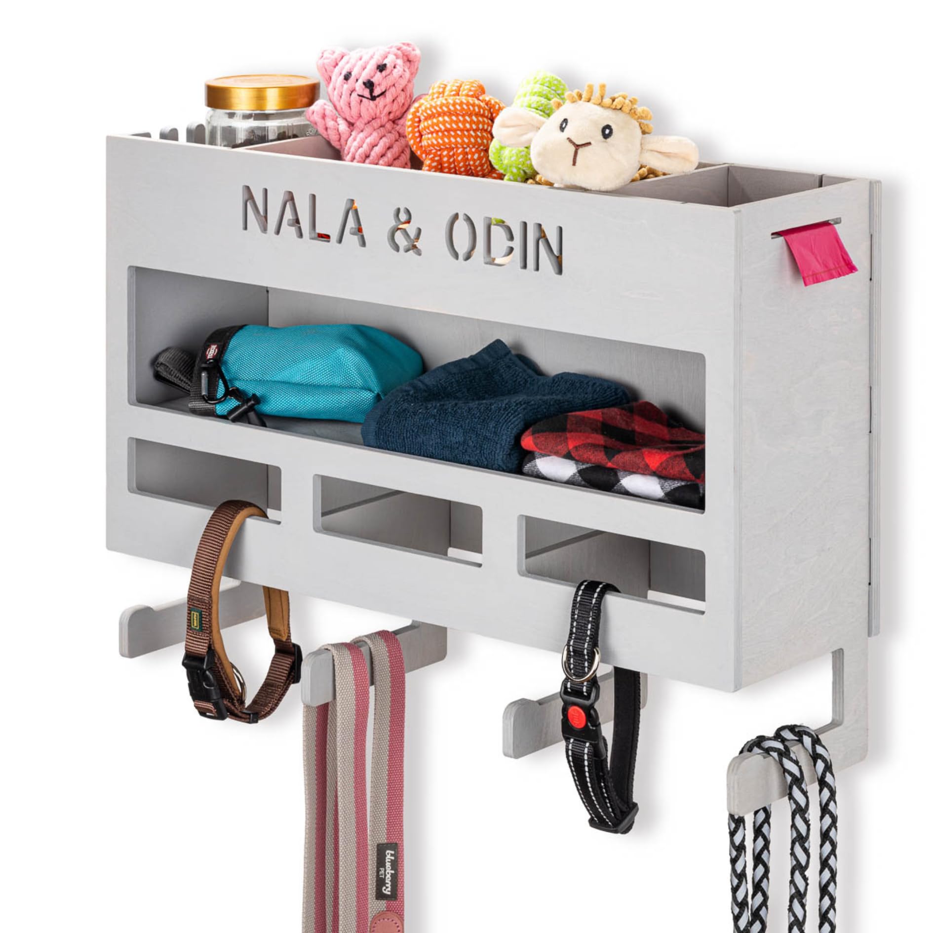 INEXTERIOR – Hundegarderobe XXL personalisierbar mit Ablage & Leinenhalter in Grau - Hundezubehör Dogstation für Hundeleinen, Spielzeug & Leckerlis aus Birkenholz - Mit Kotbeutelspender & Montagekit
