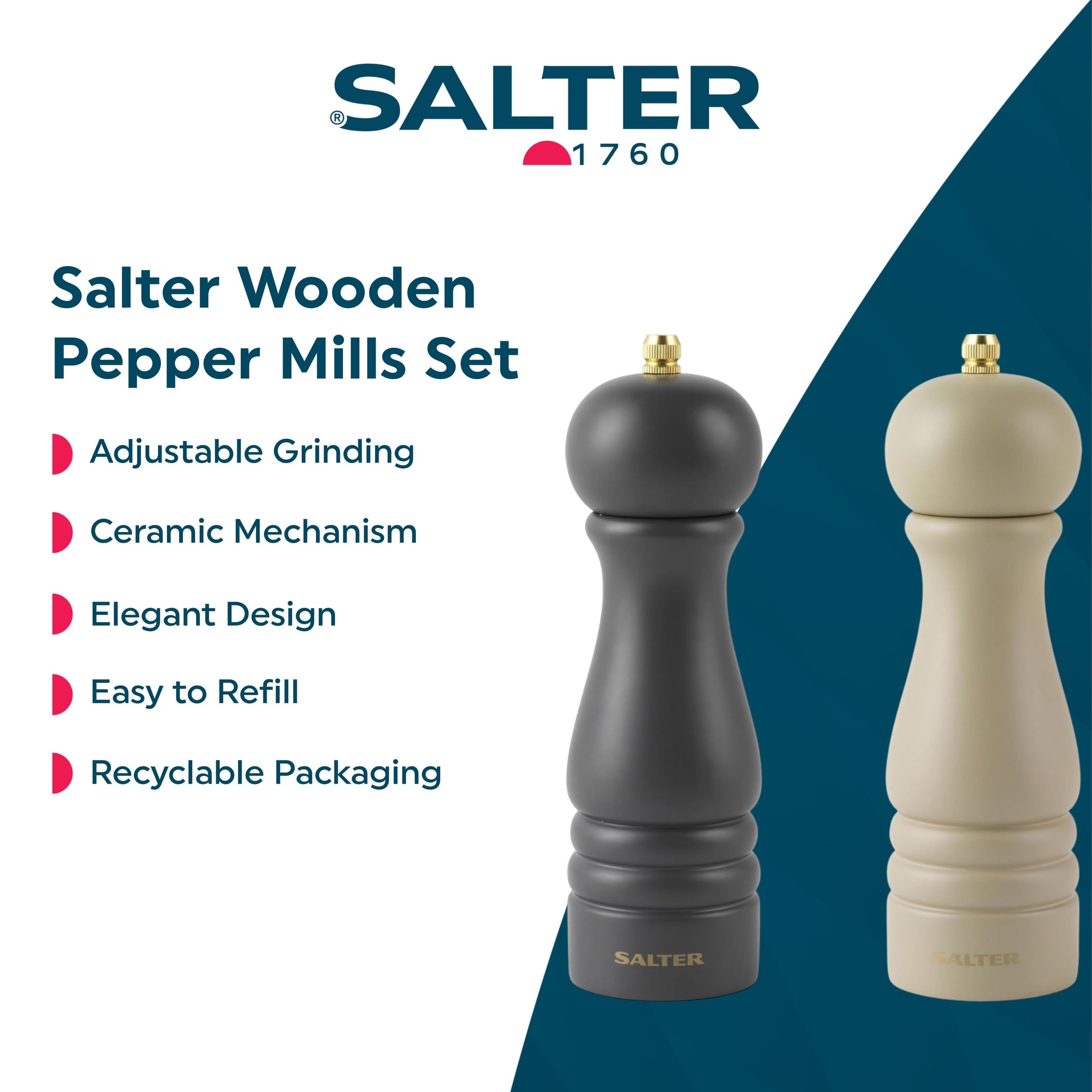 Salter BW12949EU7 Harper Mill Set - Moulins à Sel Et Poivre Avec Mécanisme En Céramique, Spice Mills Avec Broyage Réglable De Fine à Coarse, Mécanisme Universel Twist To Grind, Corps Acrylique