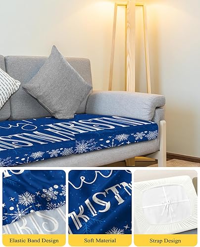 Miniatura 4 de Wowouhiya Blue Merry Christmas Couch Cushion Covers, Stretch Sofa Cover with Elastic Bottom, Xmas Winter Snowflake Blue White Sofa Slipcovers