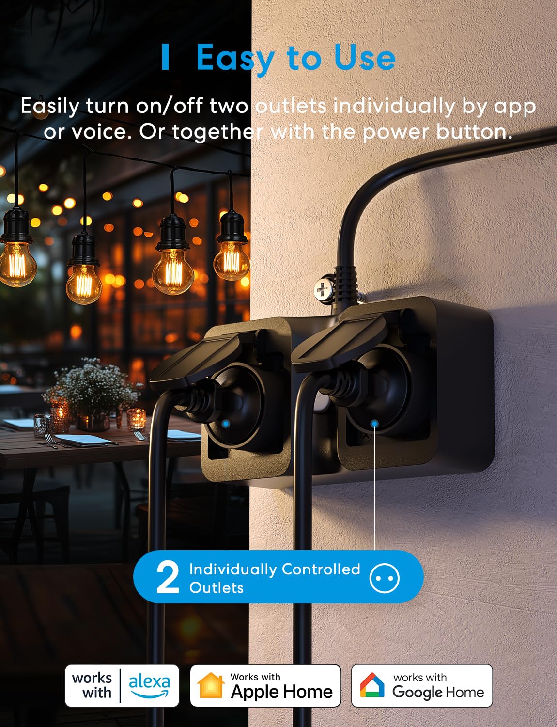 Meross Presa Smart Esterna con Monitoraggio Consumi, Presa WiFi Esterno Compatibile con HomeKit, Amazon Alexa, Google Home, Cavo di 1,5M, Funzione Timer, Controllo Remoto