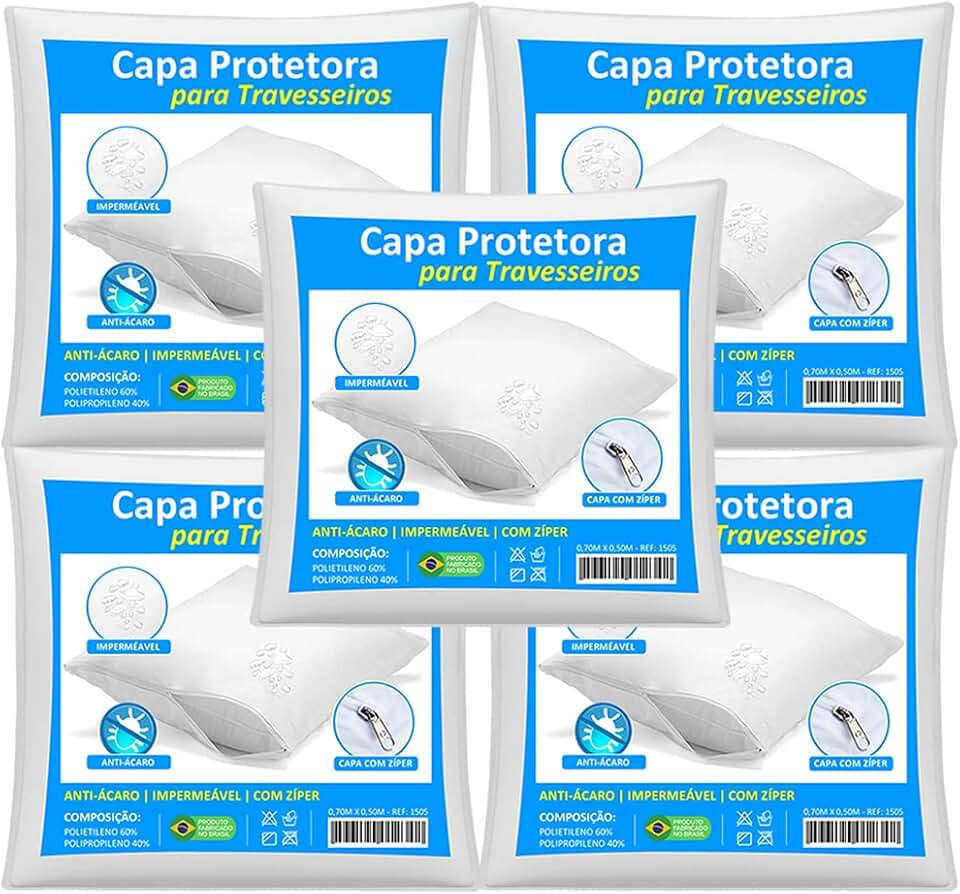 Kit Com 5 Capas para Travesseiro Impermeável Branca 50cm X 70cm Com Zíper